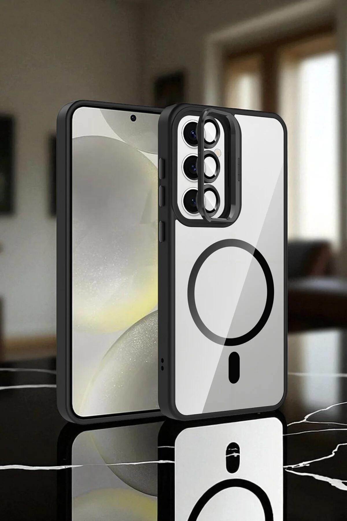 Galaxy S24 FE Kılıf Standlı ve Kamera Lens Hediyeli M-Safe Şarj Özellikli Sararmaz Kılıf
