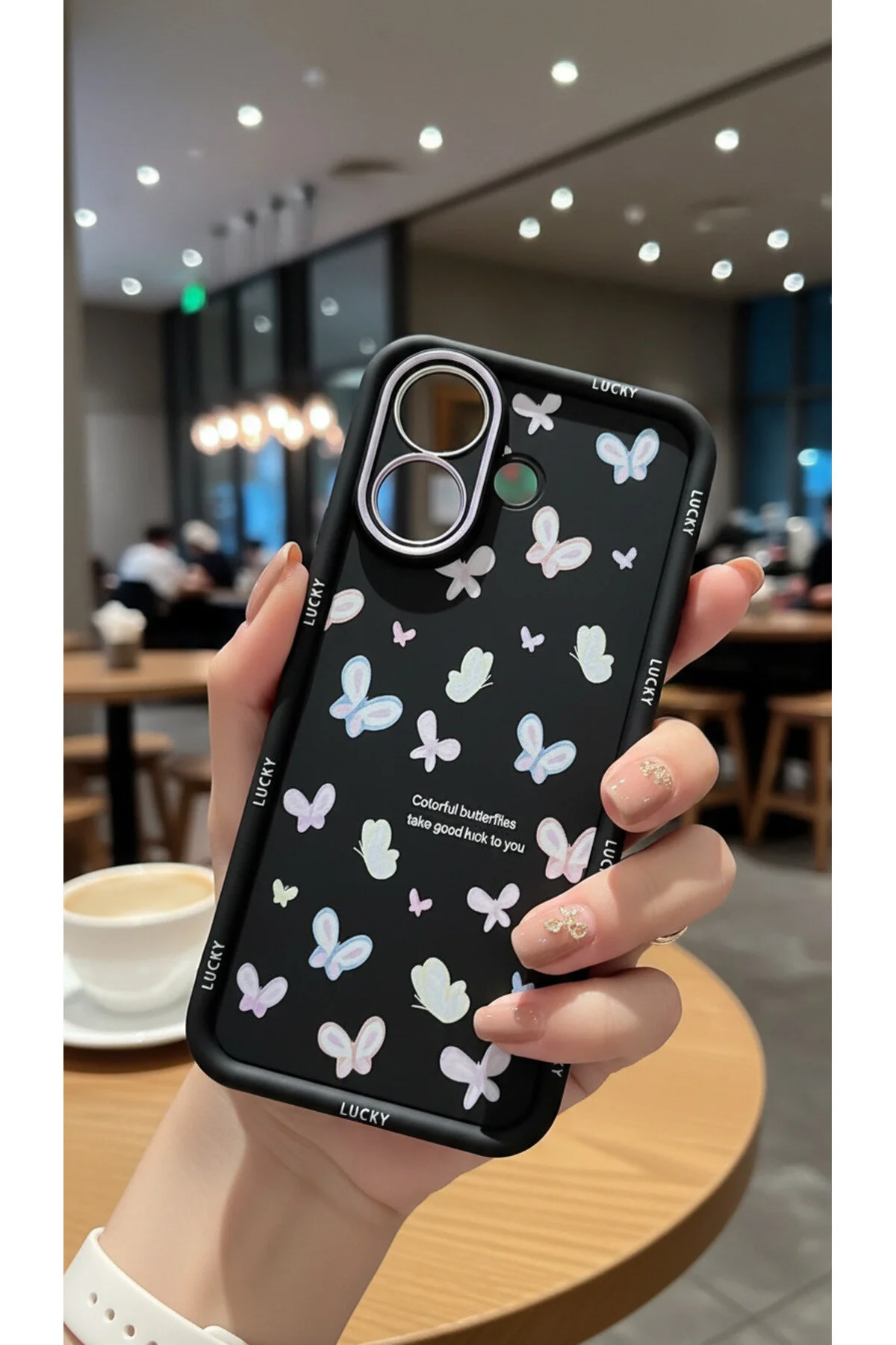 Vivo V60 Lite İçin Uyumlu Siyah Zemin Kelebekli ve Renkli Lens Çerçeveli Kılıf