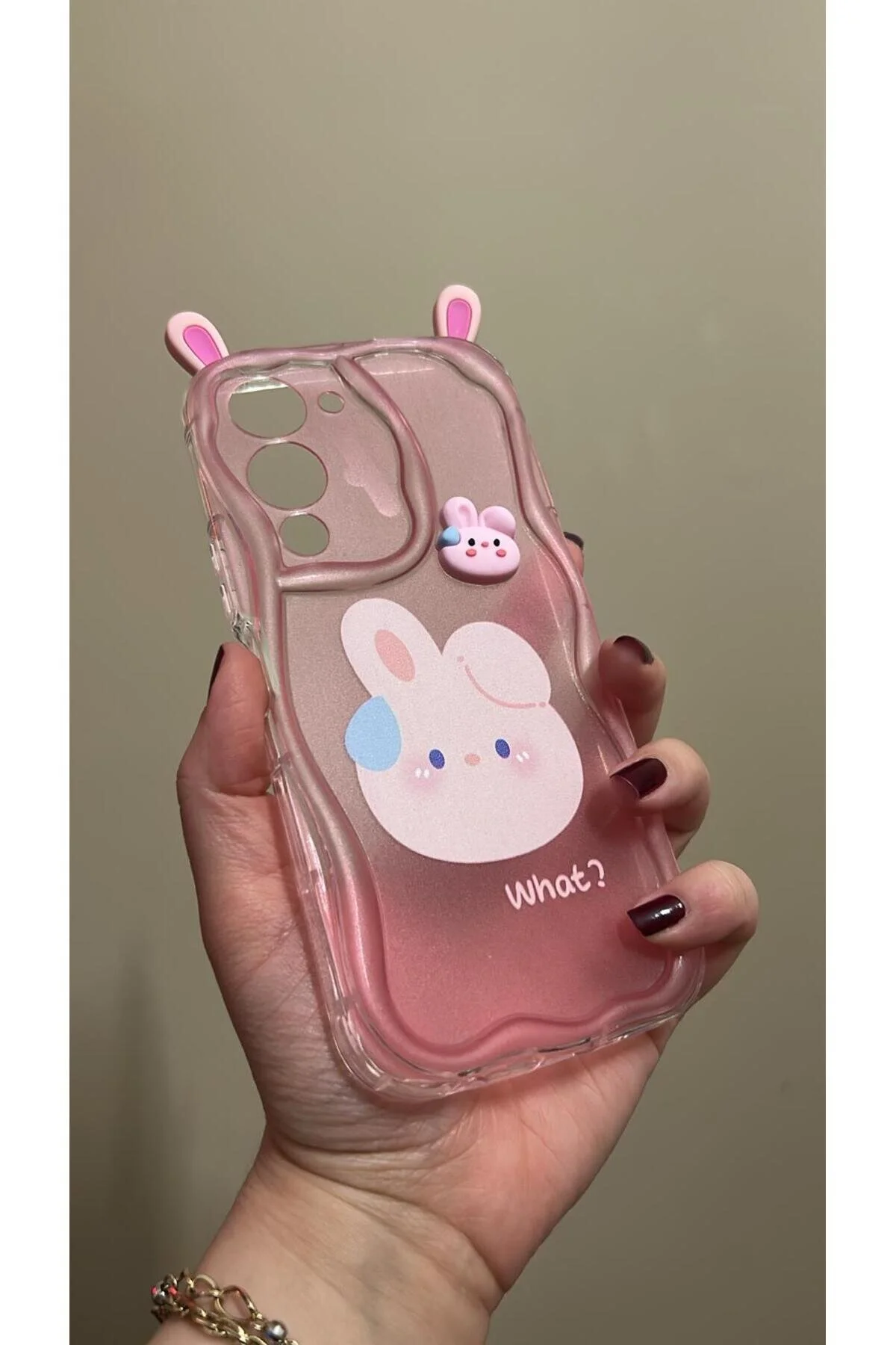 Vivo Y19E İçin Uyumlu 3D Tavşan Kulaklı Tasarımlı Dalgalı Kenar Şeffaf Pembe Kılıf