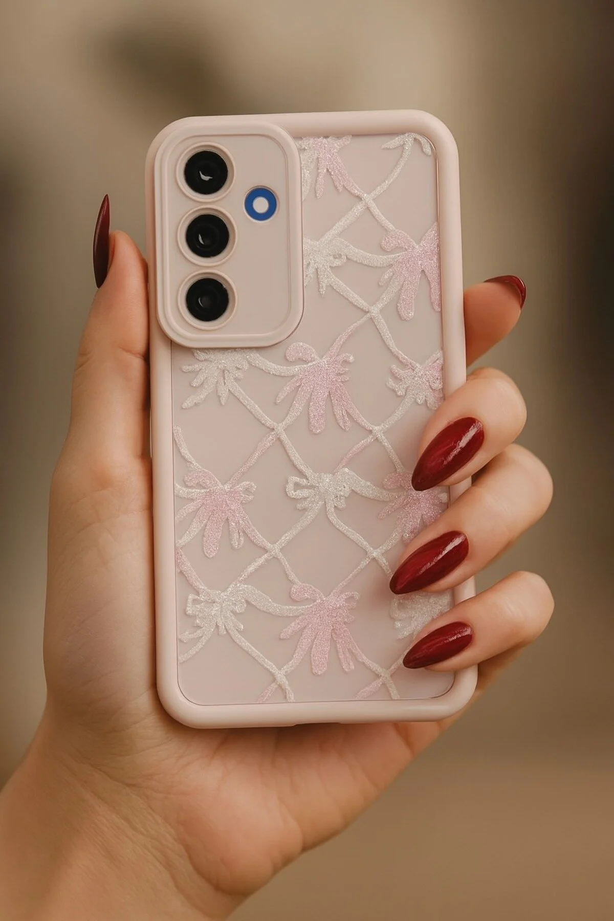 Samsung Galaxy A17 Kılıf Fiyonk Kurdele Desenli Pastel Pembe A Kalite Kapak