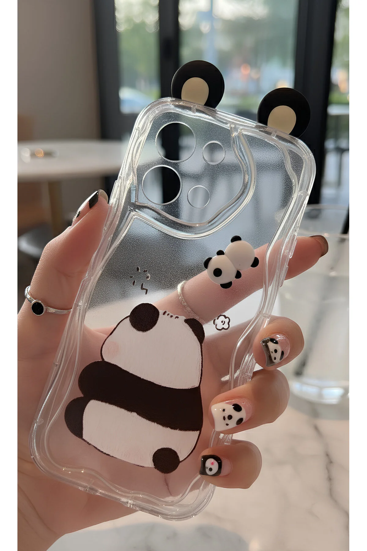 Vivo Y28 İçin Uyumlu 3D Kulaklı Sevimli Panda Figürlü Şeffaf Telefon Kılıfı