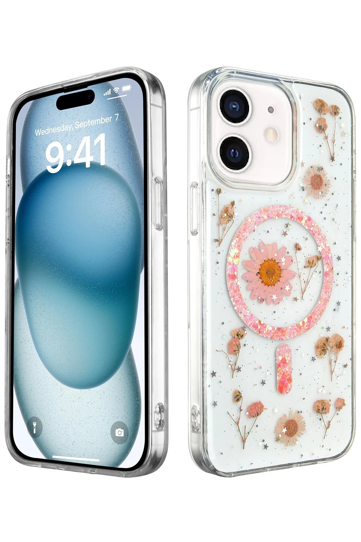 iPhone 11 Uyumlu Çiçekli Ve Simli Tasarımlı Magsafe Kılıf - Pembe