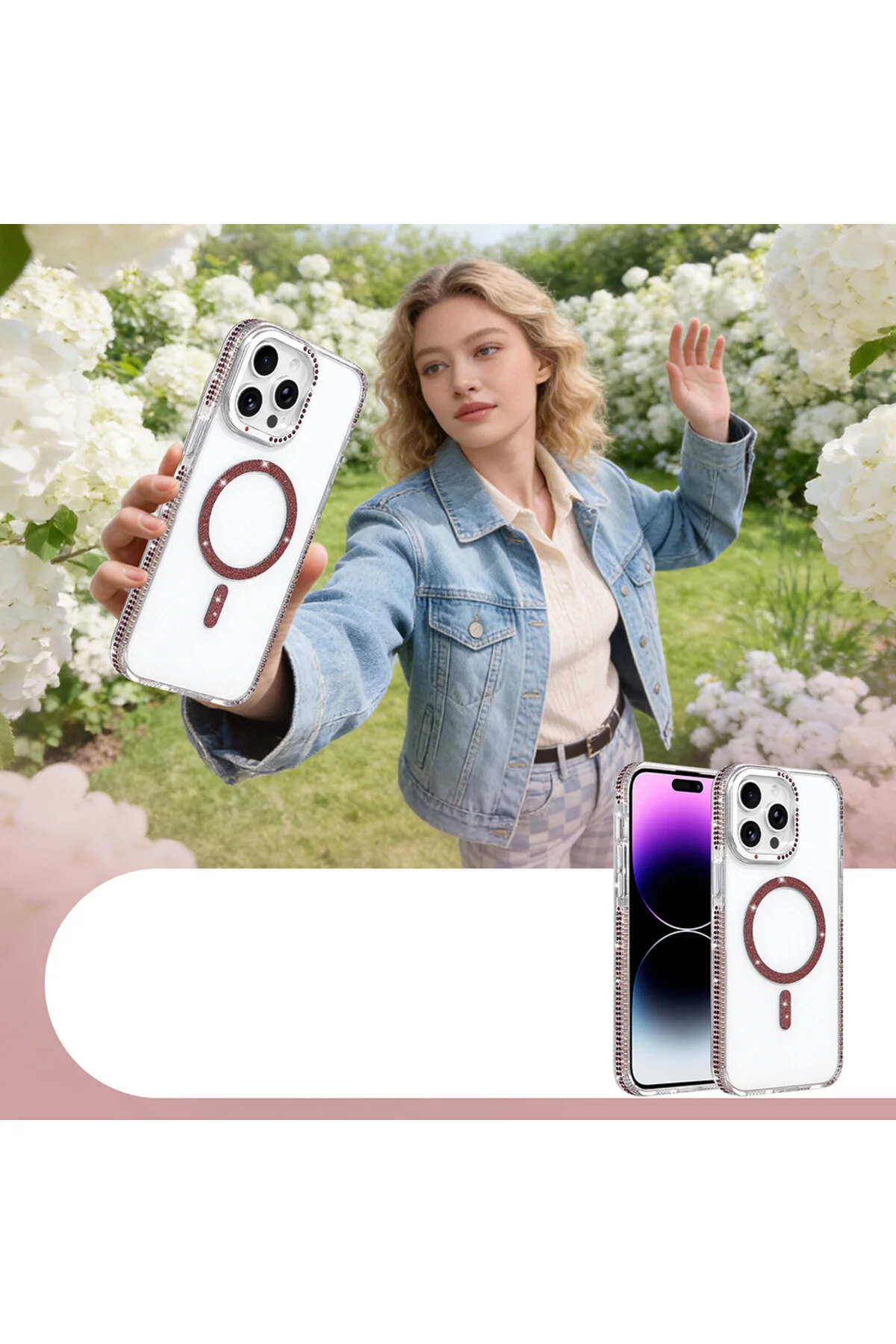 iPhone 14 Pro Max İçin Uyumlu M-safe Şarj Özellikli Taşlı Lüx Kapak