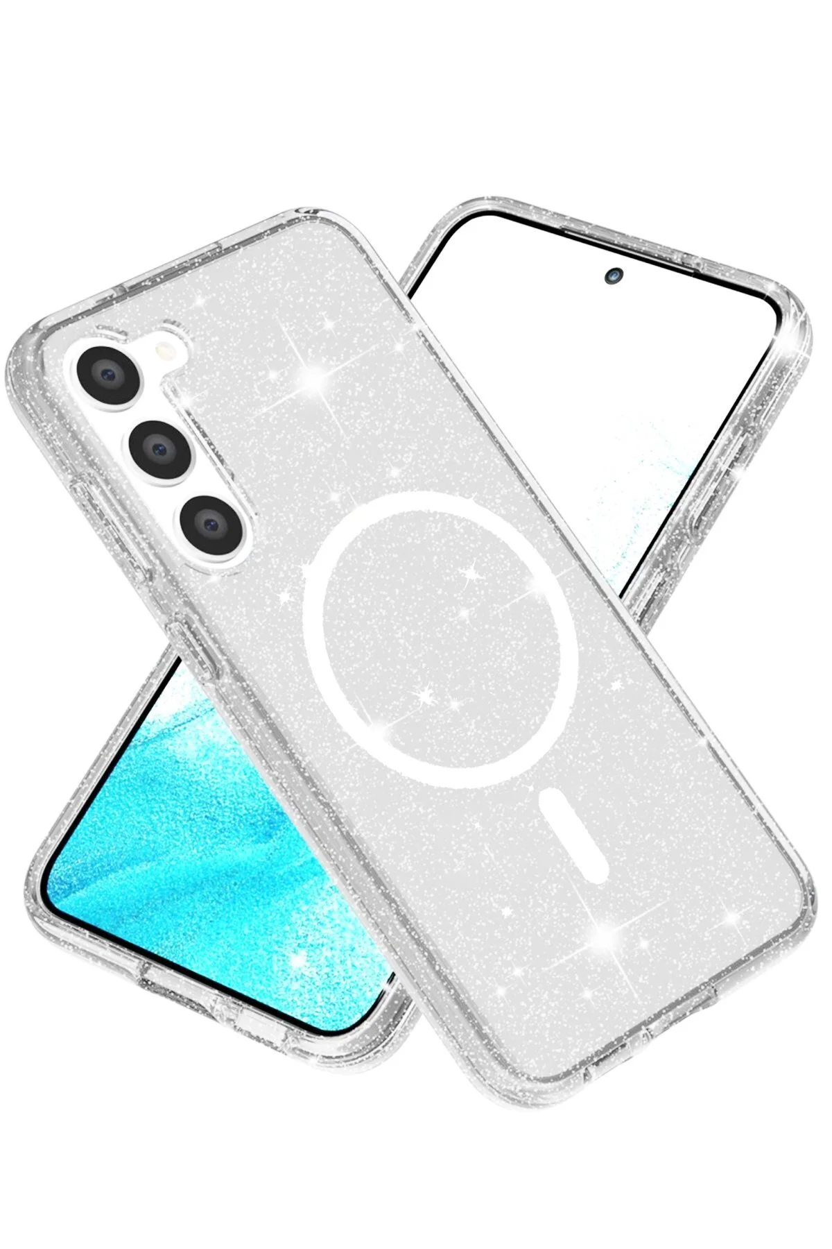 Samsung Galaxy S23 Uyumlu Renkli MagneticSafe Parlayan Simli A+ Kalite Silikon Kapak - Şeffaf