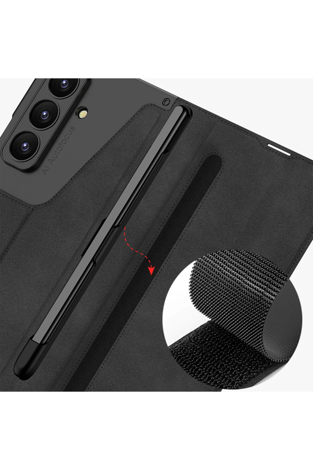 Samsung Galaxy Z Fold 7 Kılıf Kamera Korumalı Kadife Stand Özellikli Kopçalı Kalem Bölmeli Kapak