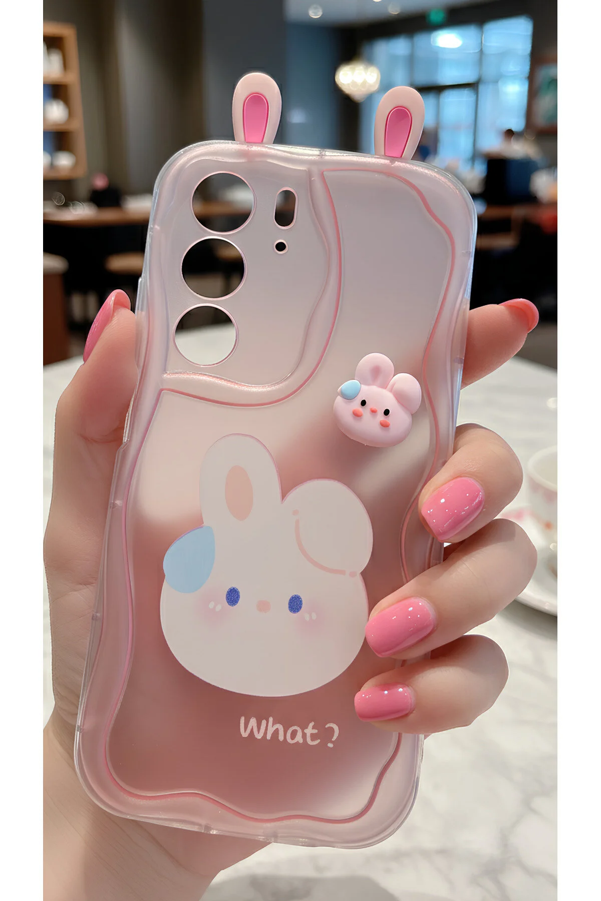 Realme C75 İçin Uyumlu 3D Tavşan Kulaklı Tasarımlı Dalgalı Kenar Şeffaf Pembe Kılıf