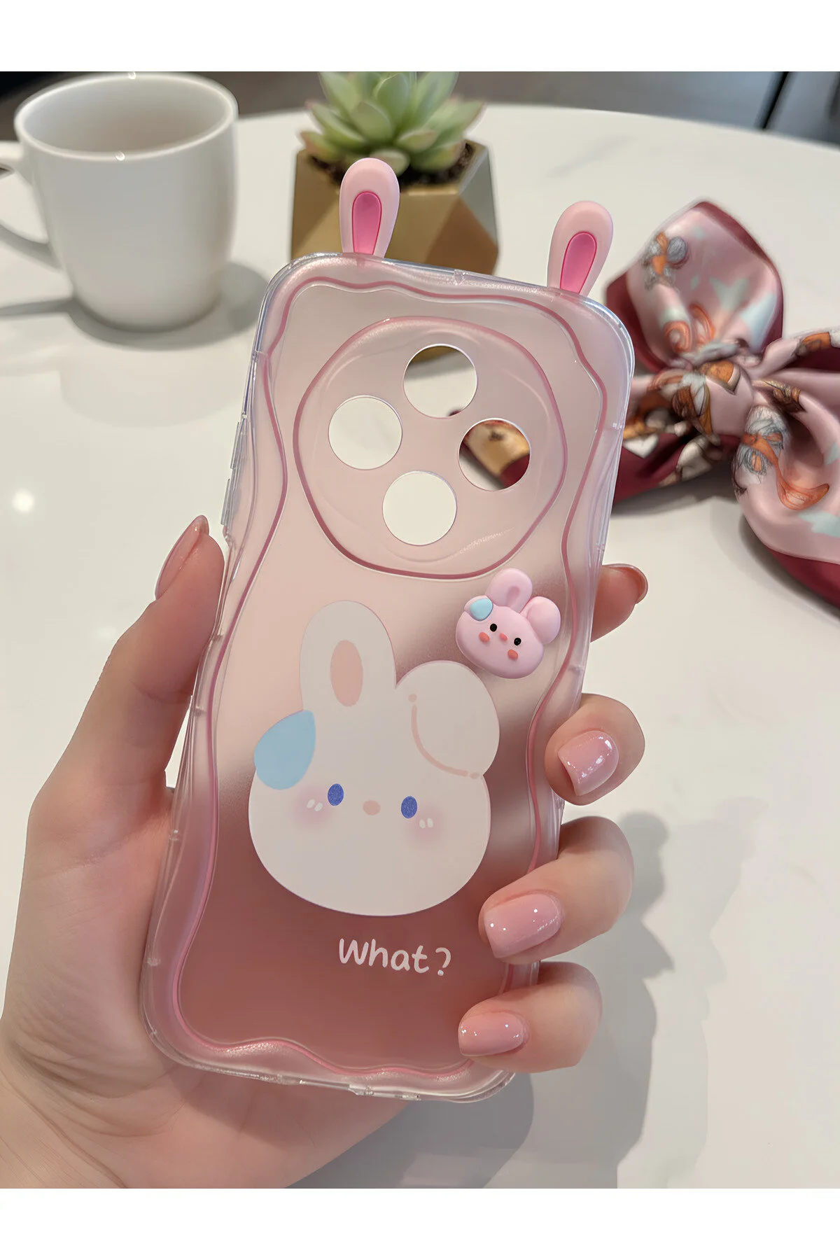 Tecno Spark 30 İçin Uyumlu 3D Tavşan Kulaklı Tasarımlı Dalgalı Kenar Şeffaf Pembe Kılıf