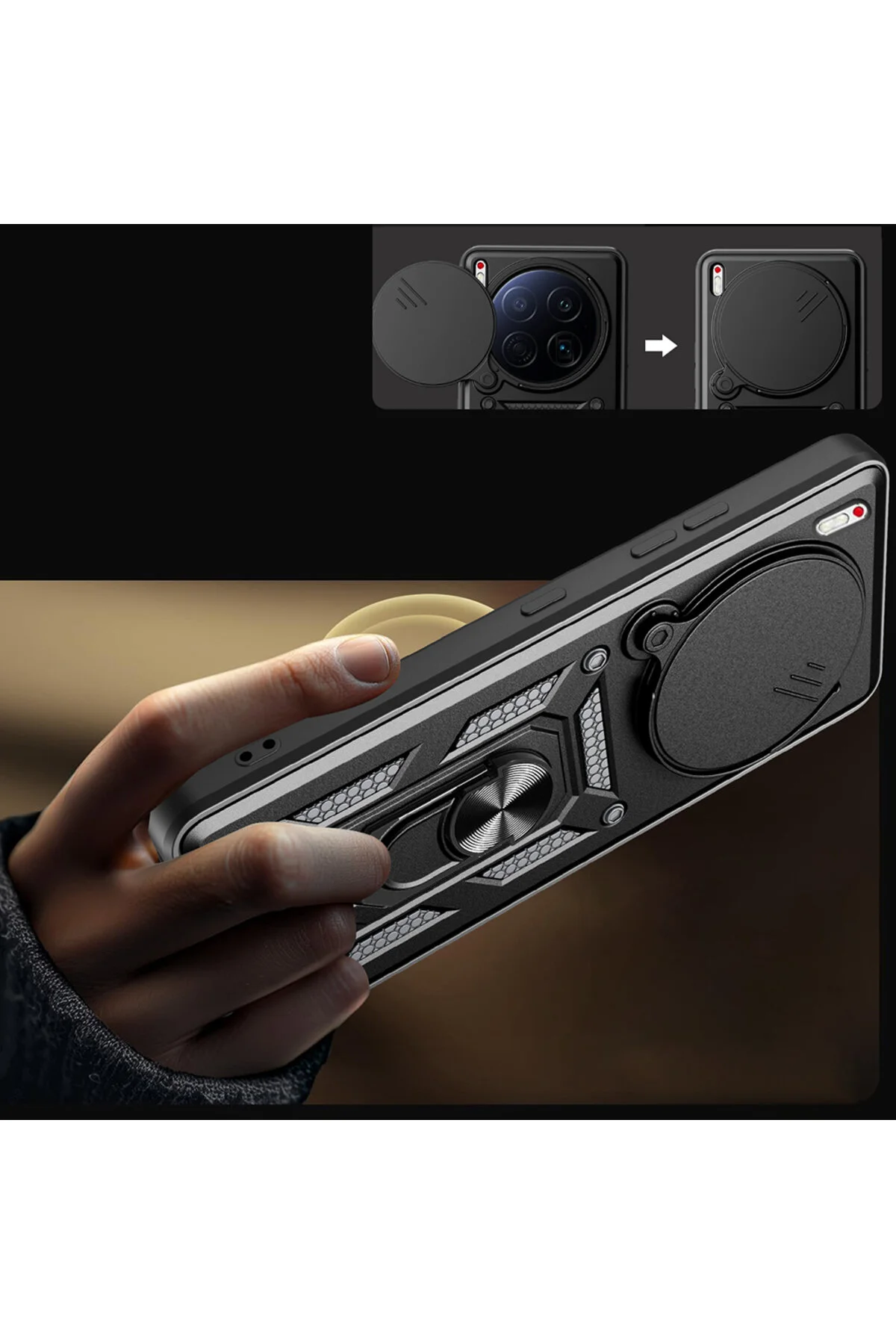 Tecno Camon 40 Premier 5G Kılıf Magnetik Standlı Sürgülü Kamera Korumalı TPU Tank Kapak