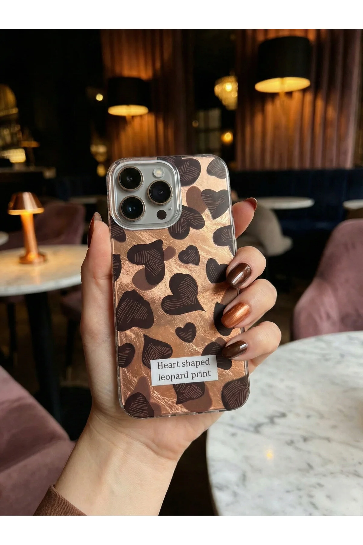 Apple iPhone 14 Pro Max Uyumlu Kalp Desenli Leopar Figürlü Rose Gold Telefon Kılıfı