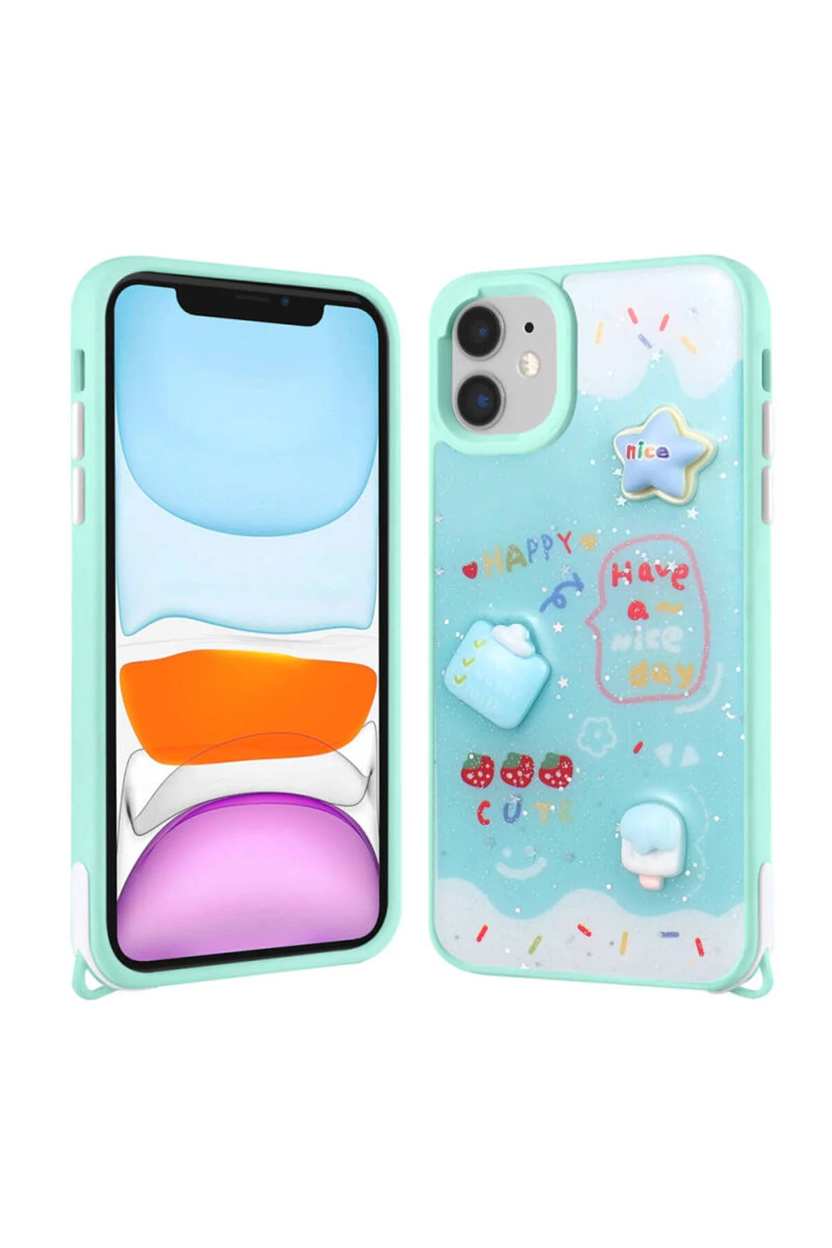 Apple iPhone 11 Uyumlu Parlayan Sıvılı Simli Kabartmalı Figürlü  Kılıf