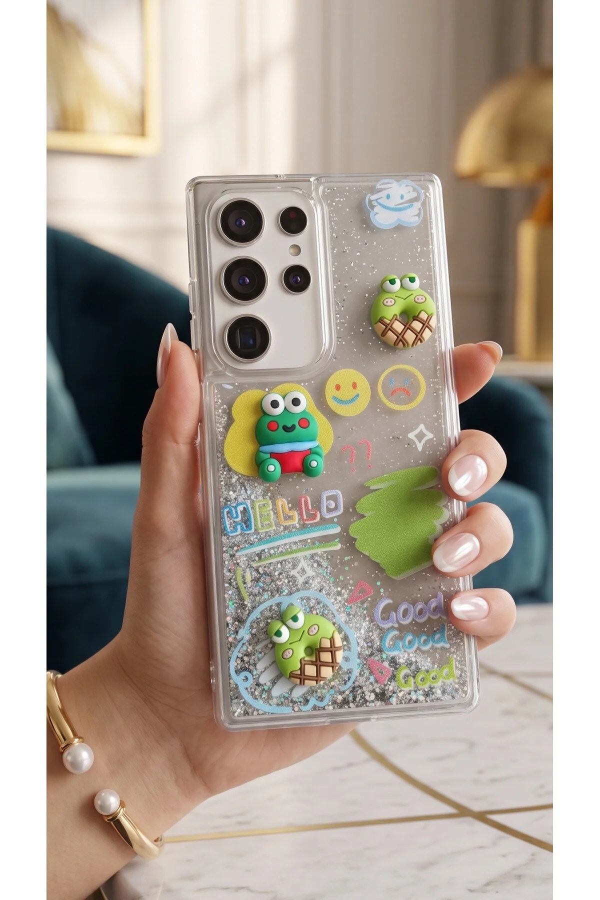 Galaxy S25 Ultra Kılıf Hareketli Simli 3D Karakterli Love Figürlü Şeffaf Koruyucu Kapak
