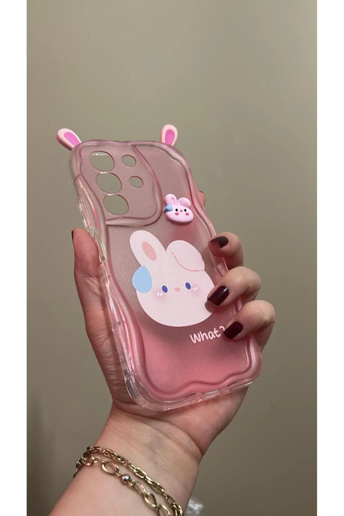 Vivo Y29 İçin Uyumlu 3D Tavşan Kulaklı Tasarımlı Dalgalı Kenar Şeffaf Pembe Kılıf
