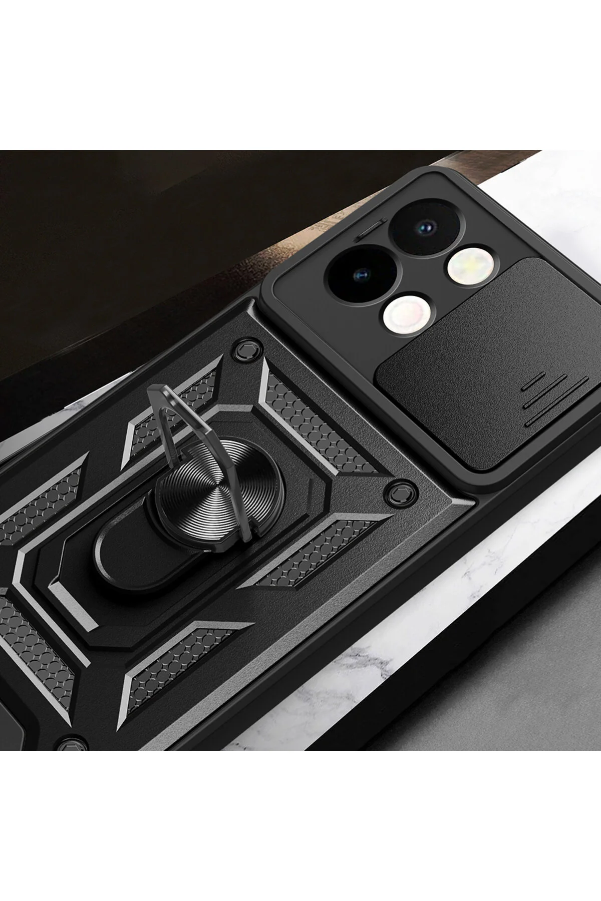 Vivo Y28 Kılıf Yüzüklü Stand Olabilen Kamera Korumalı Magnetic Tpu Tank Kapak
