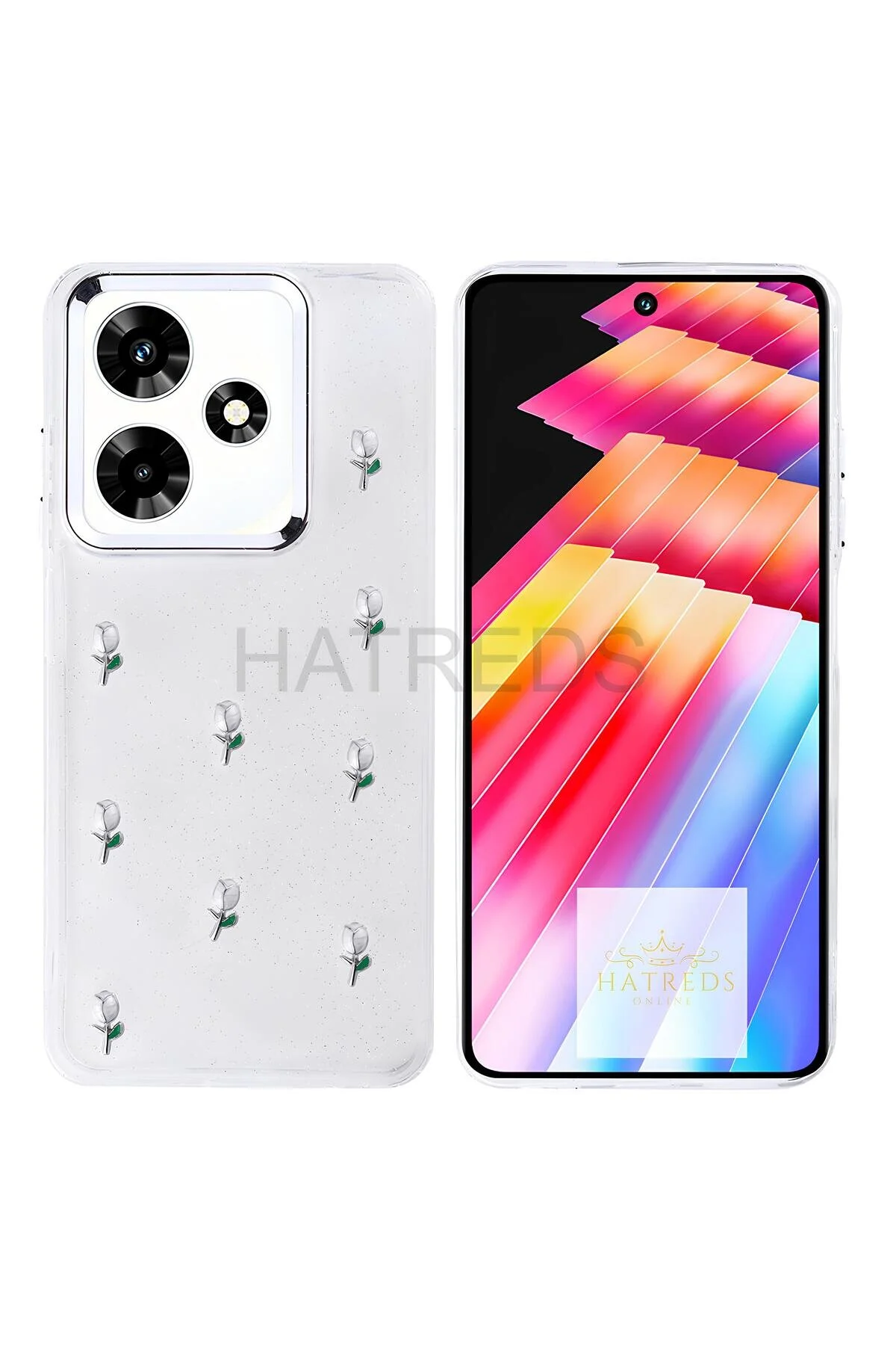 İnfinix Hot 30 Kılıf Kamera Koruma Çıkıntılı Metalik Çıkartma Figürlü Şeffaf Tasarım Kapak