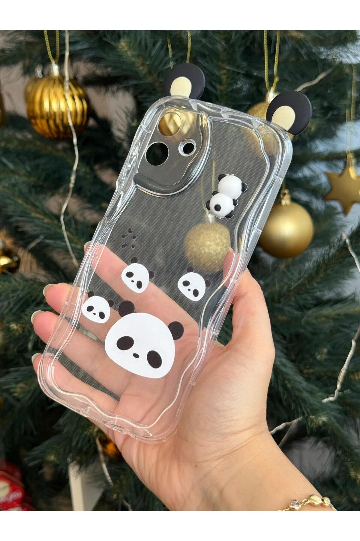 Galaxy A07 İçin Uyumlu 3D Kulaklı Sevimli Panda Figürlü Şeffaf Telefon Kılıfı