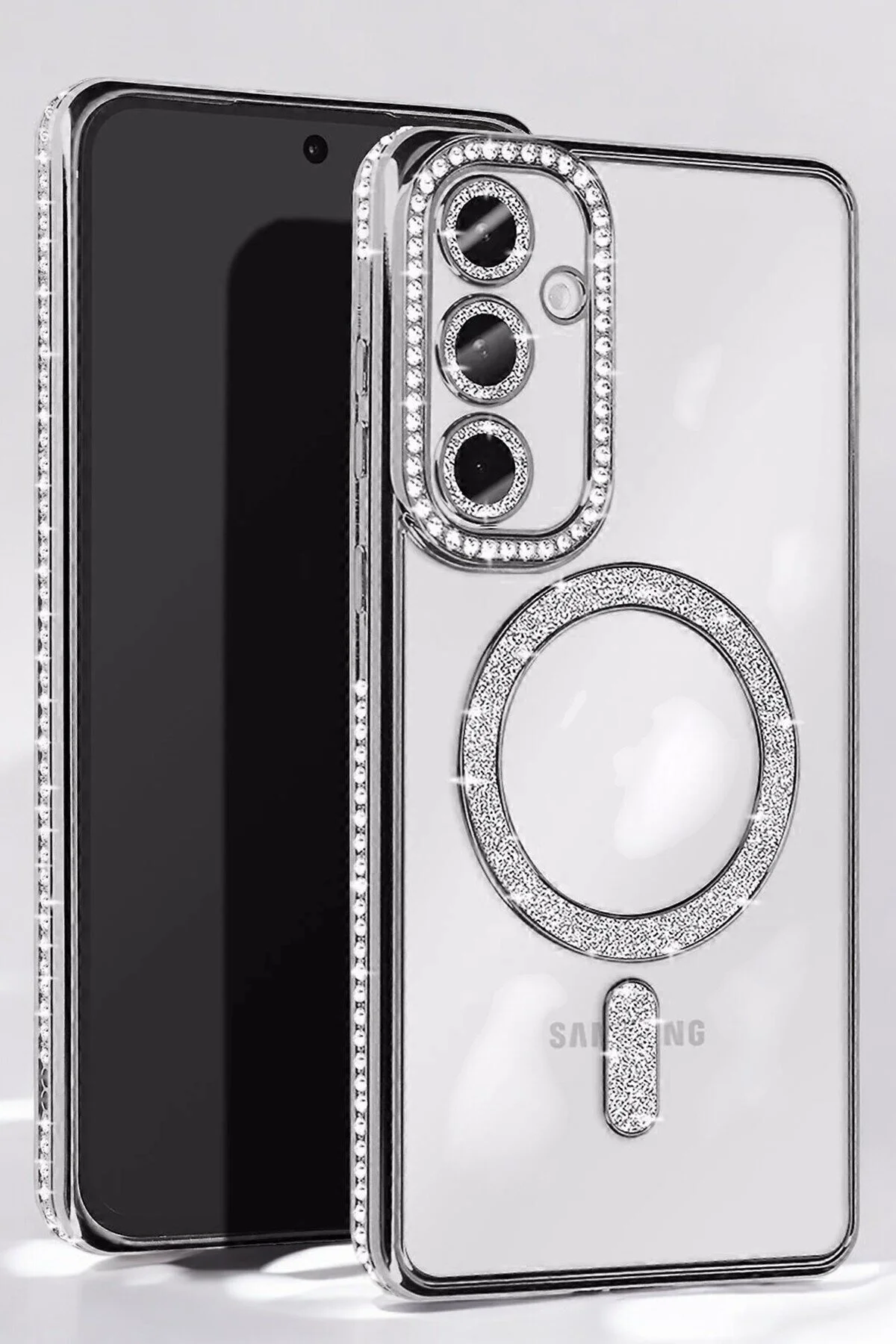 Samsung Galaxy S25 Edge Uyumlu Parlak Taşlı Işıldayan Tasarım Kamera Korumalı Magsafe Kılıf