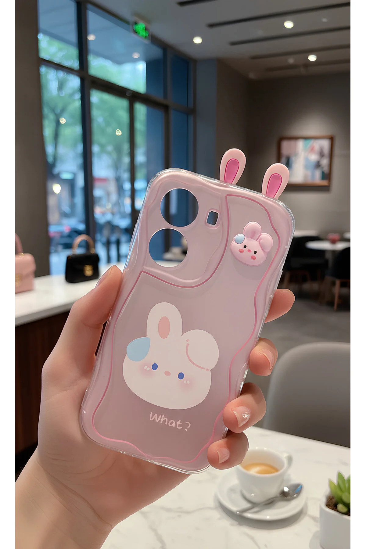 Poco X7 Pro İçin Uyumlu 3D Tavşan Kulaklı Tasarımlı Dalgalı Kenar Şeffaf Pembe Kılıf