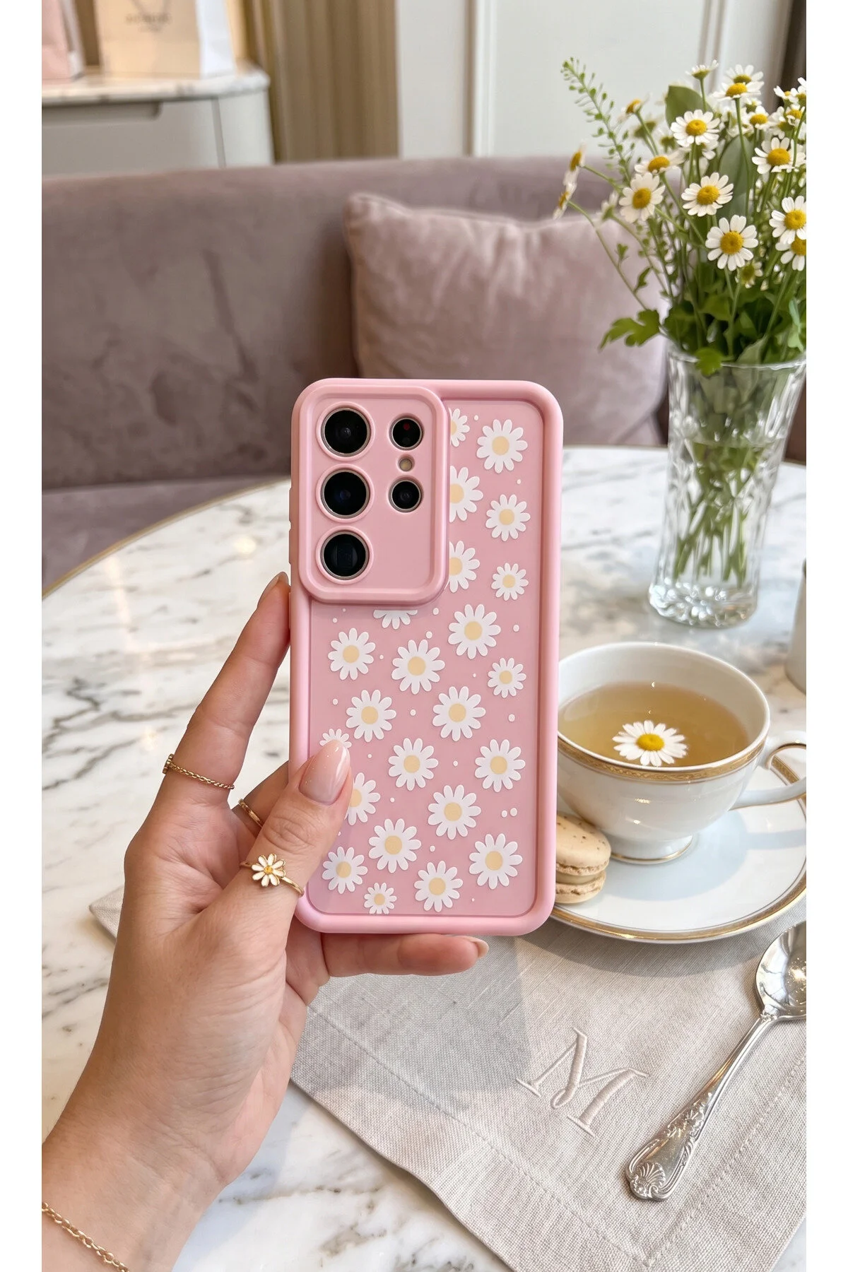 Galaxy S25 Ultra Papatya Desenli Silikon Telefon Kılıfı Darbe Korumalı Soft Pembe Şık Kapak