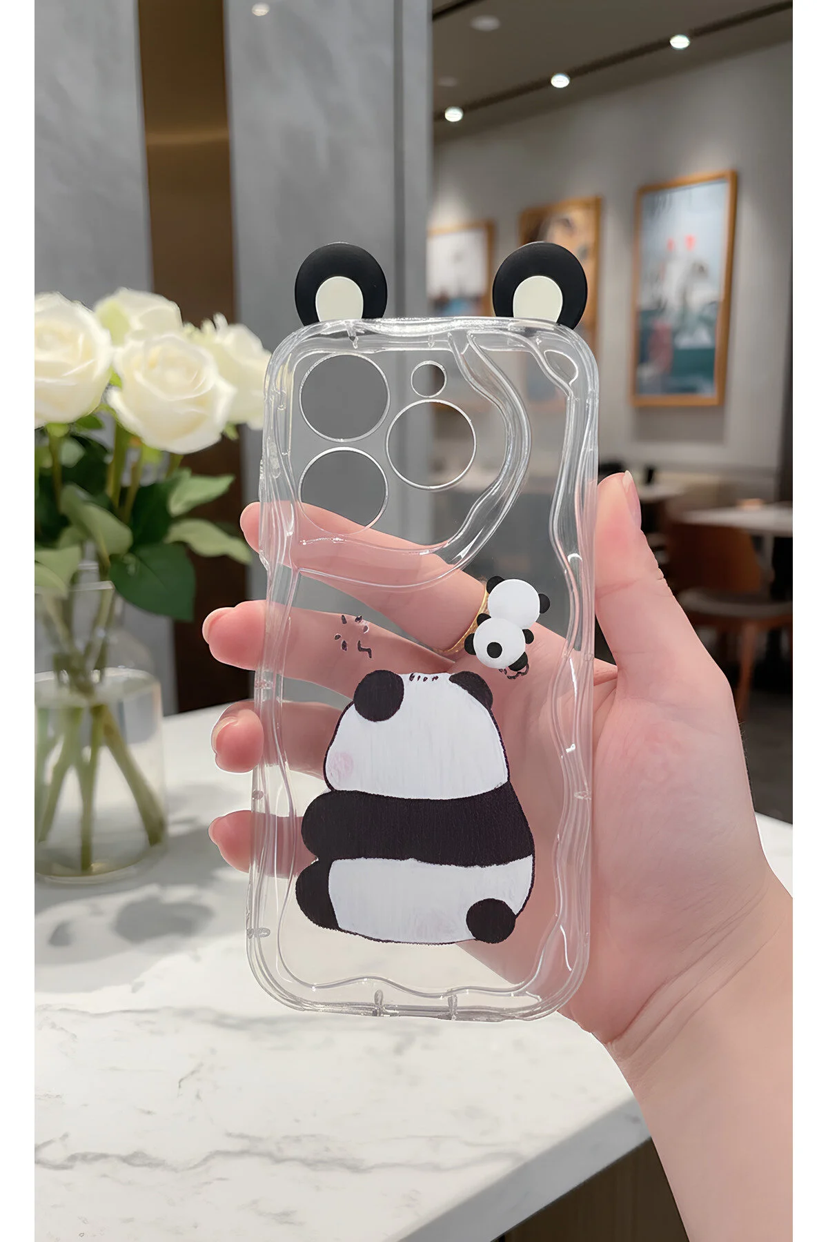 İnfinix Hot 40 İçin Uyumlu 3D Kulaklı Sevimli Panda Figürlü Şeffaf Telefon Kılıfı