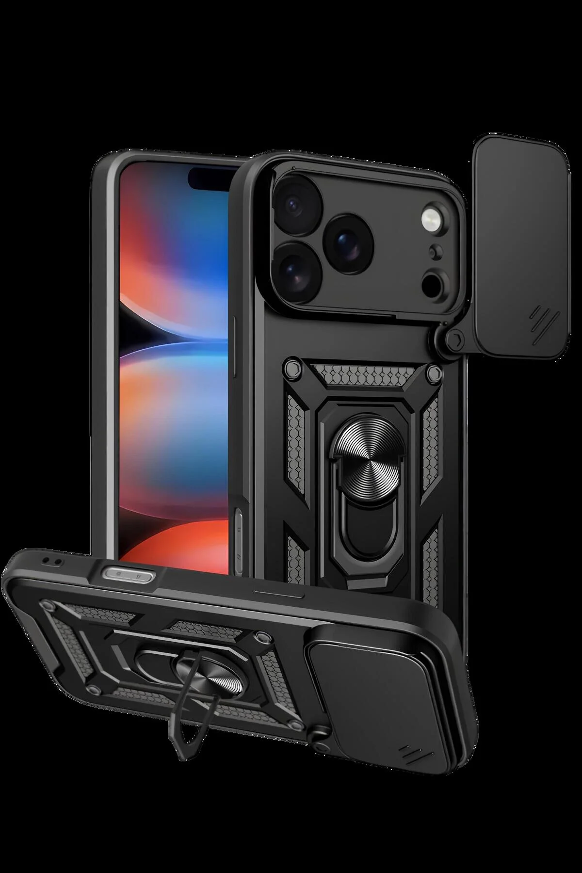iPhone 17 Pro Max Kılıf Sürgülü Kamera Korumalı Yüzüklü Stand Olabilen Magnetic Tpu Tank Kapak