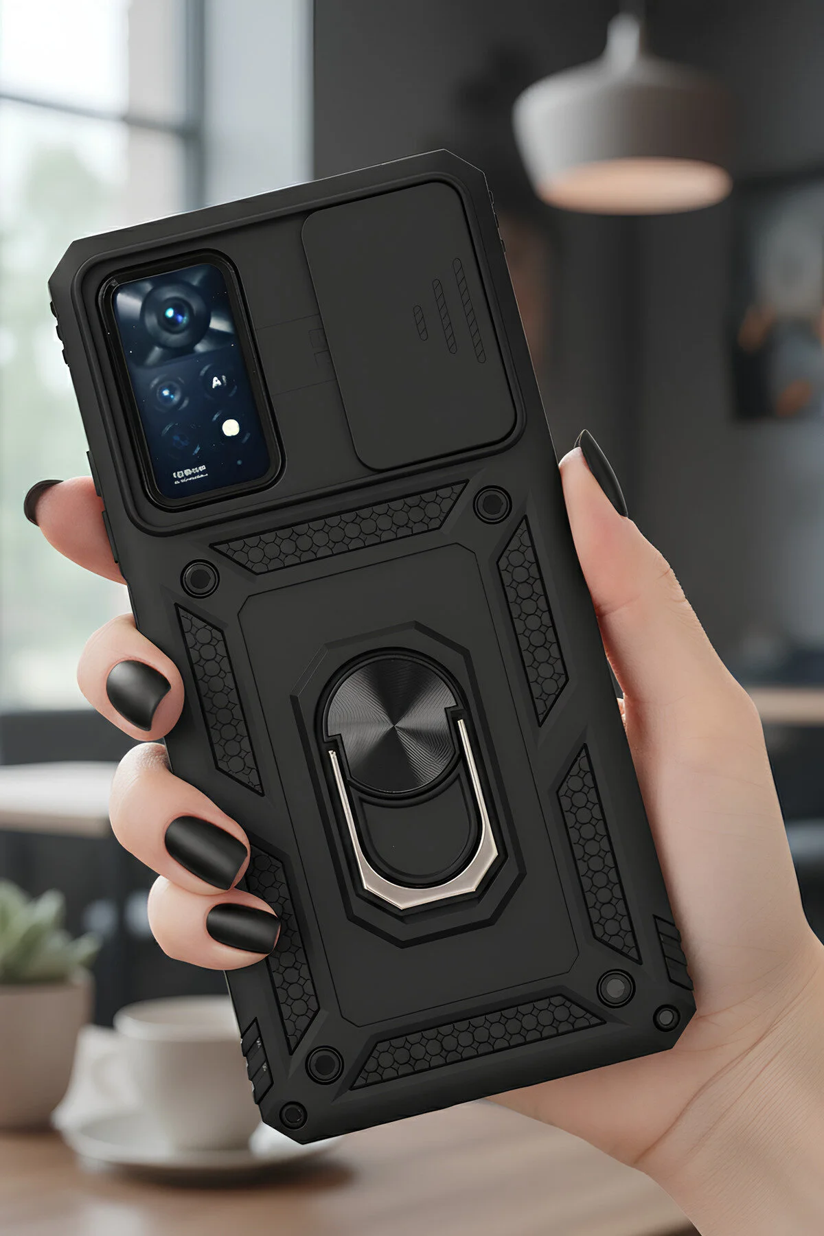Redmi Note 11 Pro Kılıf Sürgülü Kamera Korumalı Yüzüklü Stand Olabilen Magnetic Tpu Tank Kapak