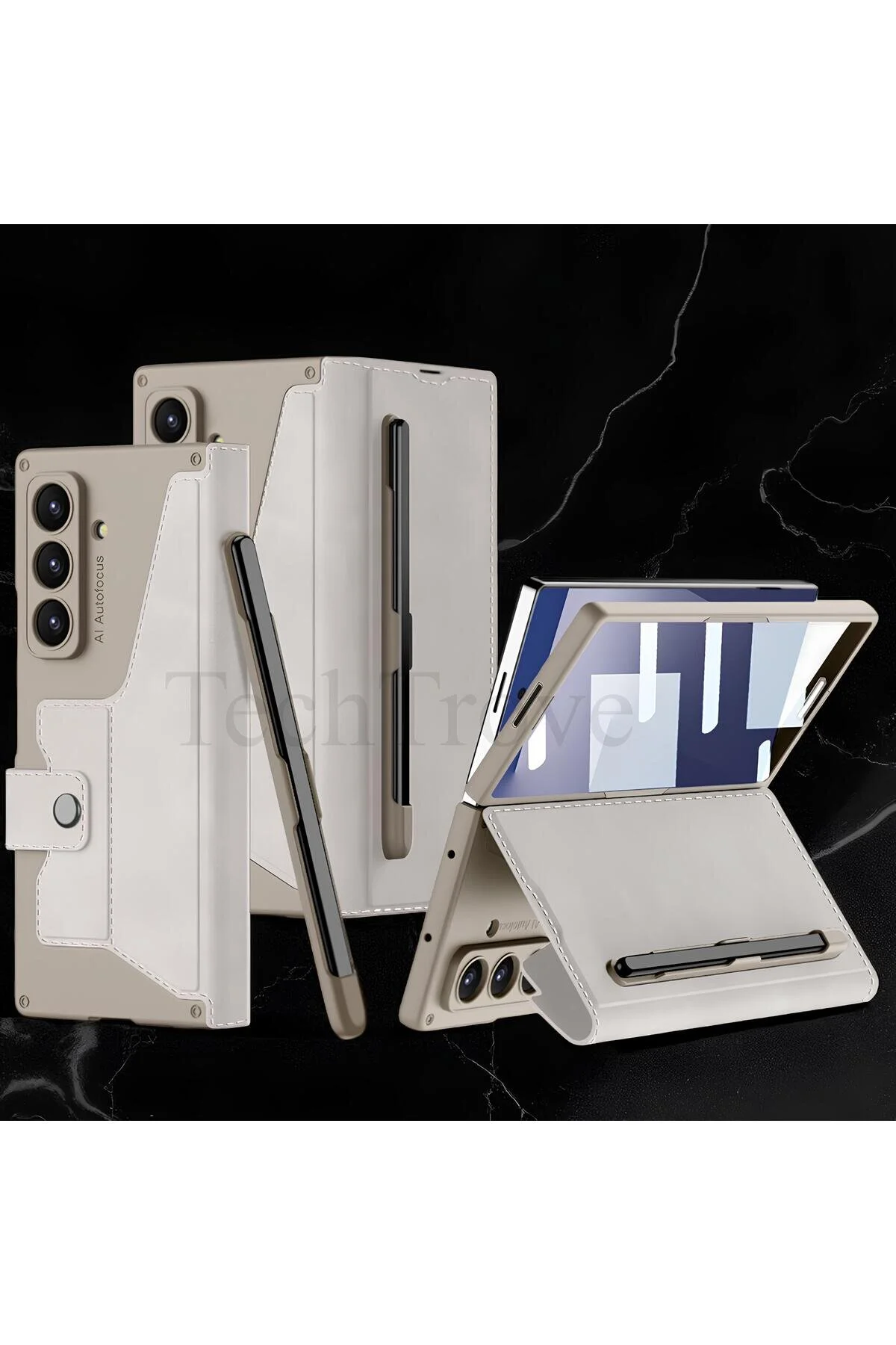 Samsung Galaxy Z Fold 7 Kılıf Kamera Korumalı Kadife Stand Özellikli Kopçalı Kalem Bölmeli Kapak