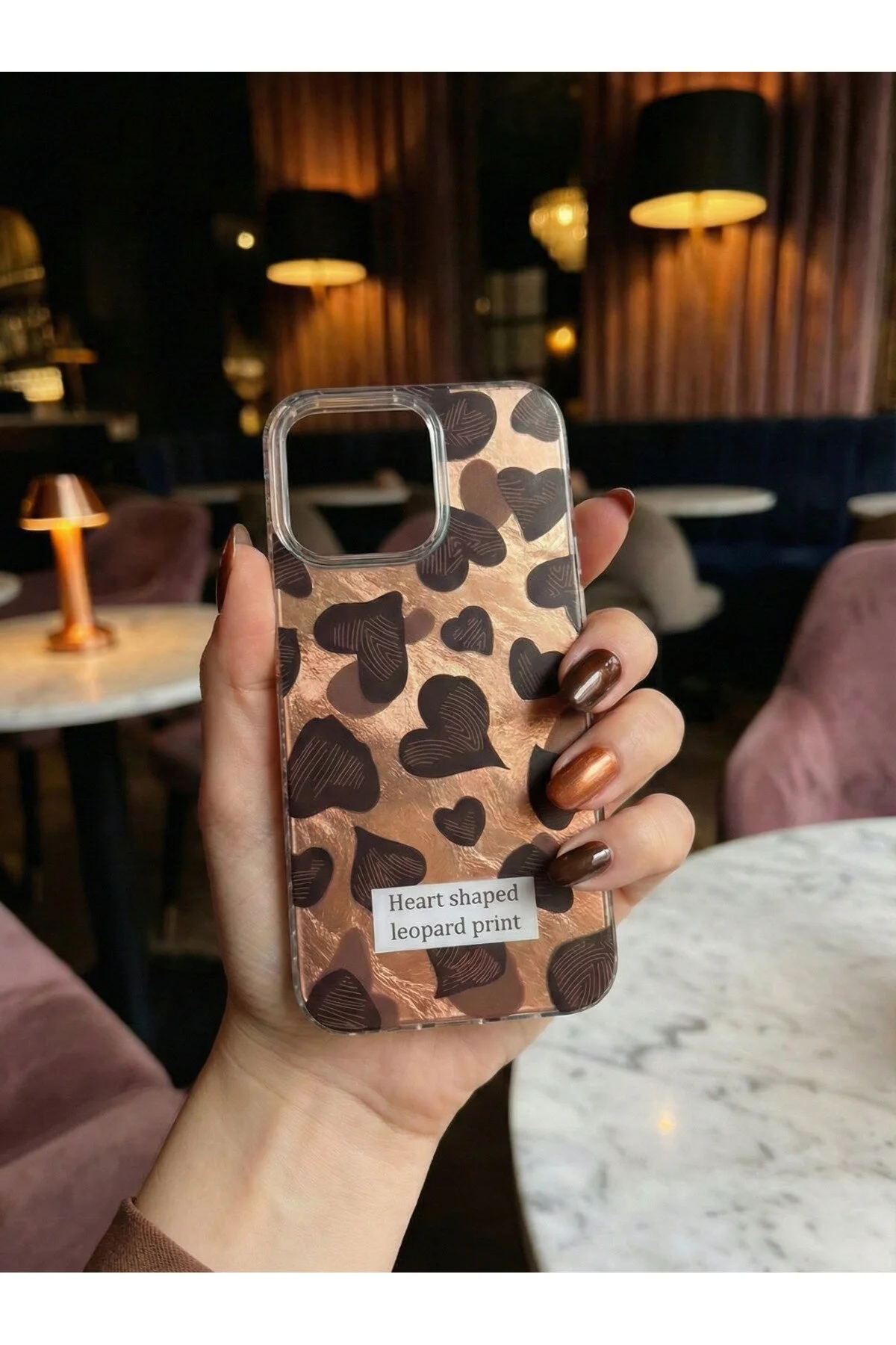 Apple iPhone 11 Uyumlu Kalp Desenli Leopar Figürlü Rose Gold Telefon Kılıfı