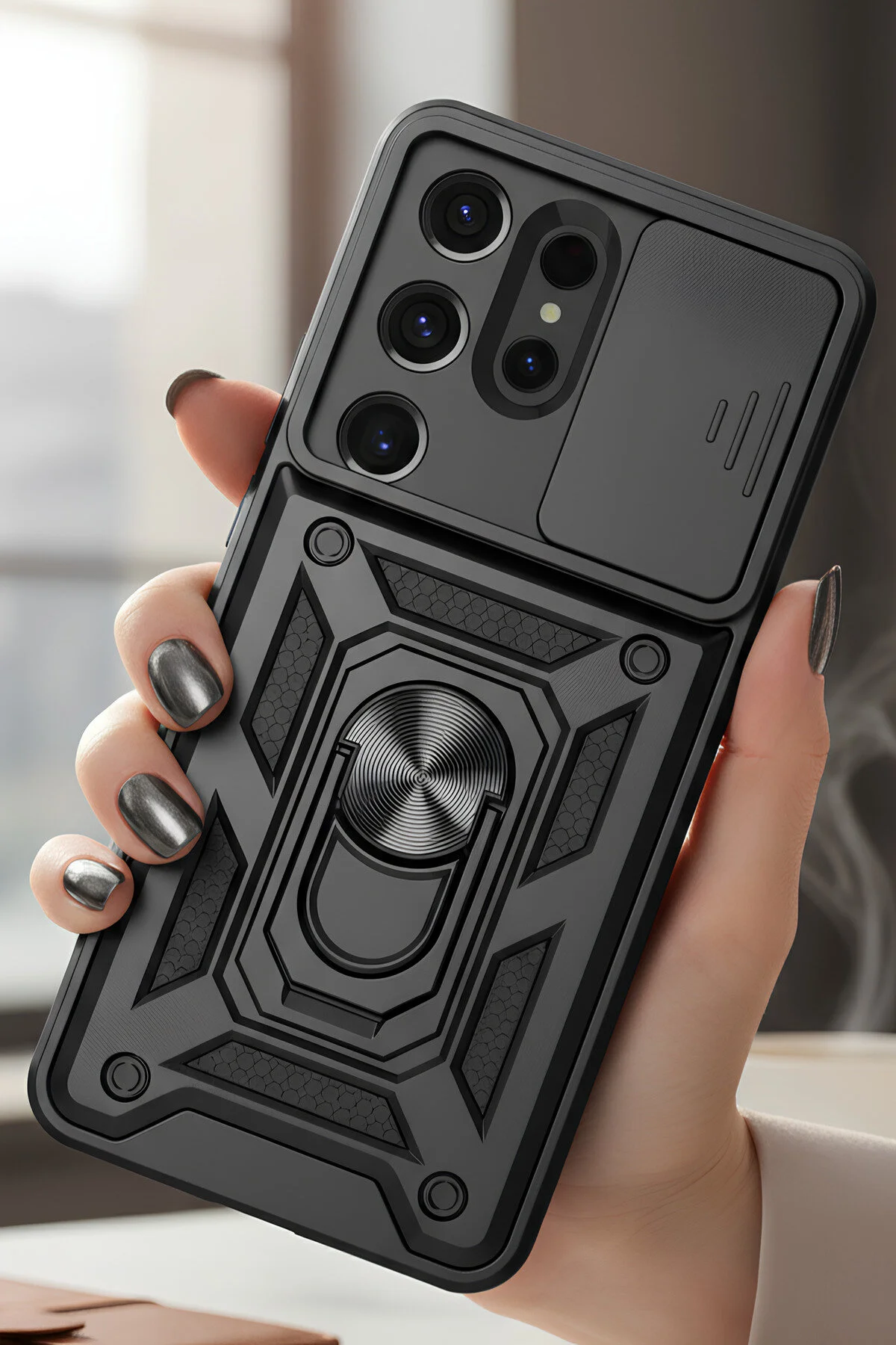 Samsung Galaxy S25 Ultra Kılıf Sürgülü Kamera Korumalı Yüzüklü Magnetic Tpu Tank Kapak