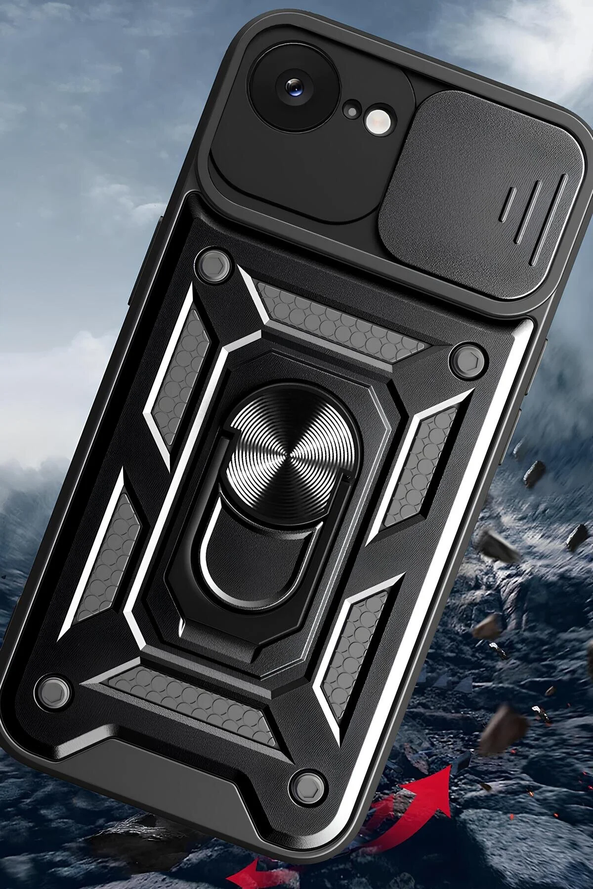 iPhone 12 Mini Kılıf Sürgülü Kamera Korumalı Yüzüklü Stand Olabilen Magnetic Tpu Tank Kapak