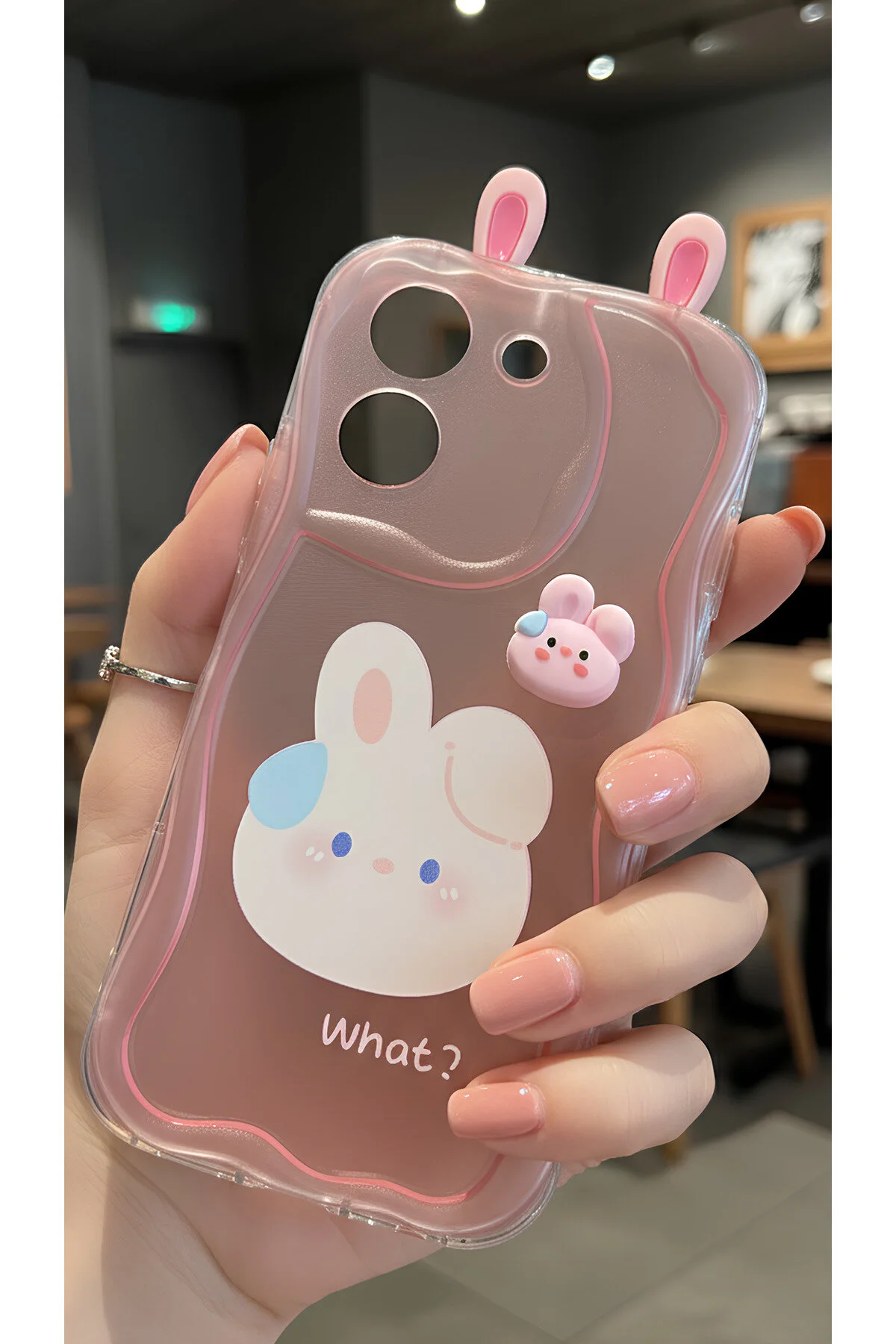 Vivo Y36 İçin Uyumlu 3D Tavşan Kulaklı Tasarımlı Dalgalı Kenar Şeffaf Pembe Kılıf
