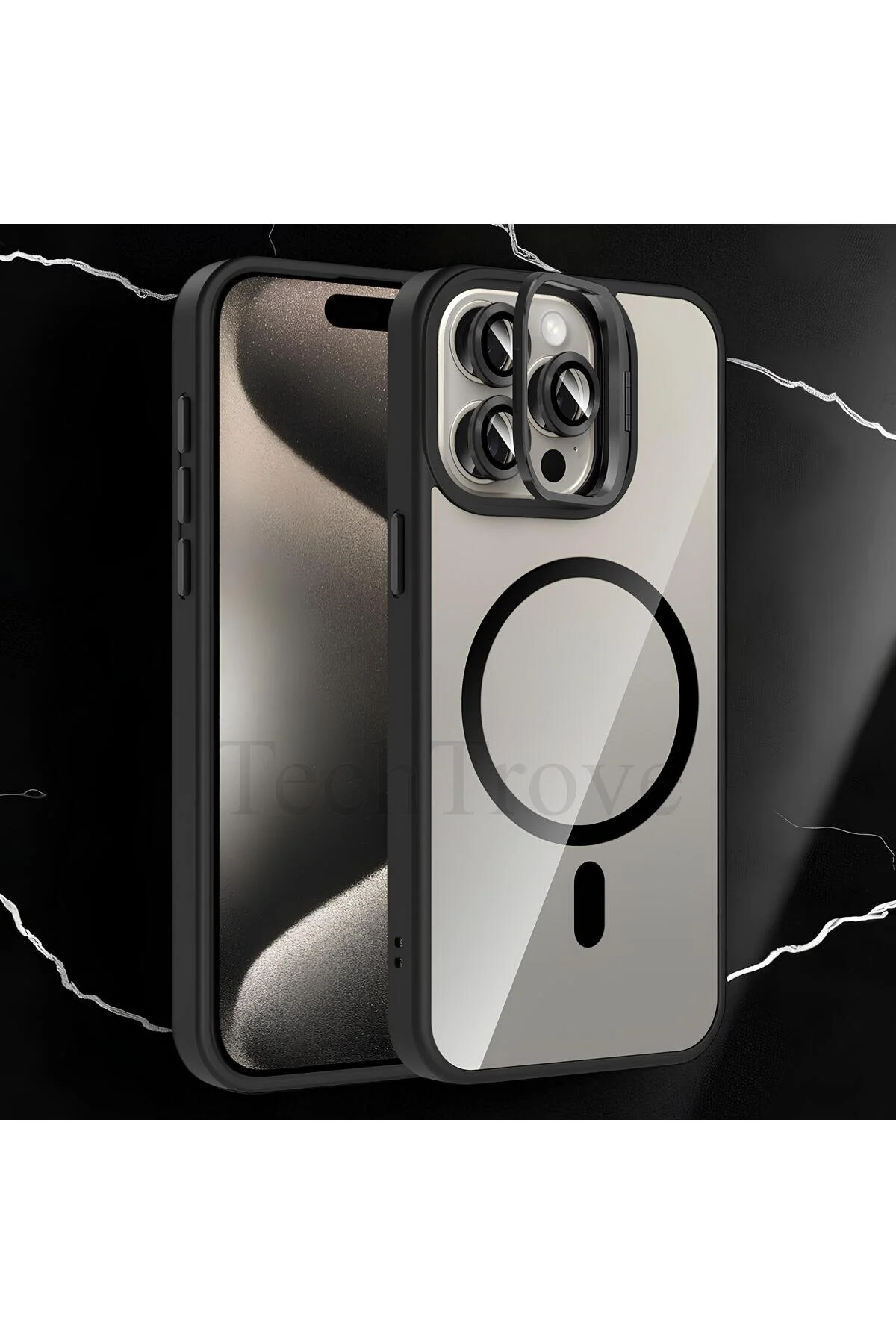 iPhone 15 Pro Kılıf Standlı ve Kamera Lens Hediyeli Wireless Şarj Özellikli Ultra Lüks Kapak
