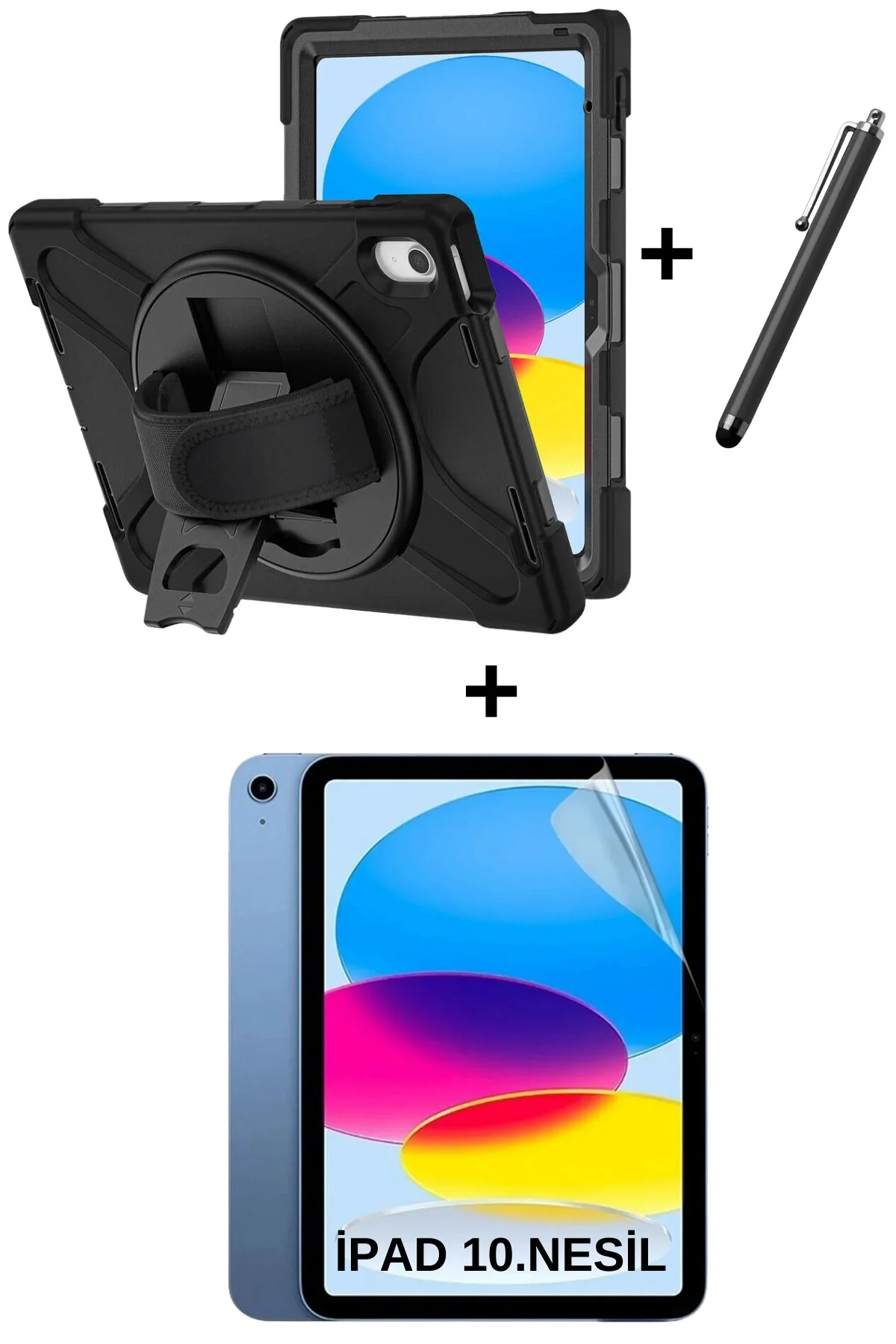 Apple iPad 10.9 2022 (10.Nesil) A2757 Uyumlu El Tutamaçlı Askılı Çok Amaçlı Tank iPad Kılıfı+Set