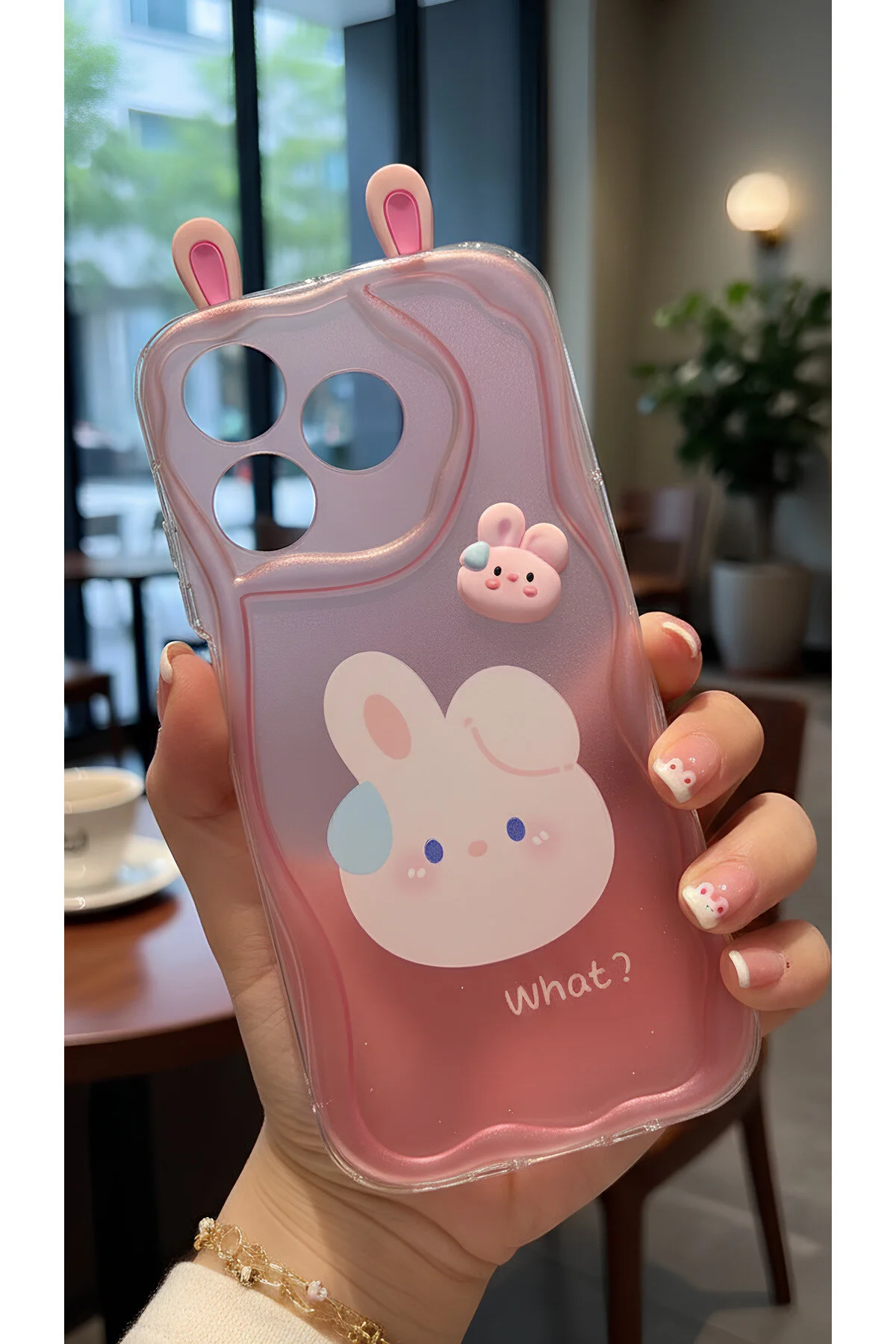 Realme C63 İçin Uyumlu 3D Tavşan Kulaklı Tasarımlı Dalgalı Kenar Şeffaf Pembe Kılıf