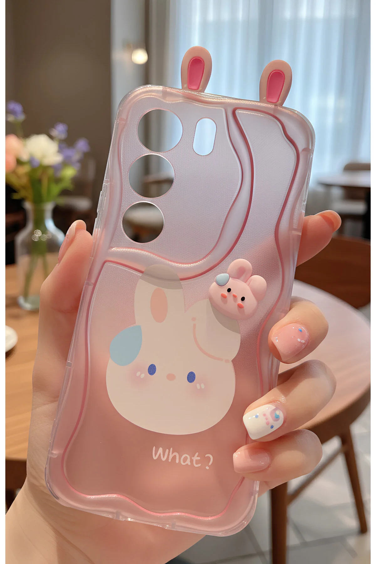 Vivo V29 İçin Uyumlu 3D Tavşan Kulaklı Tasarımlı Dalgalı Kenar Şeffaf Pembe Kılıf