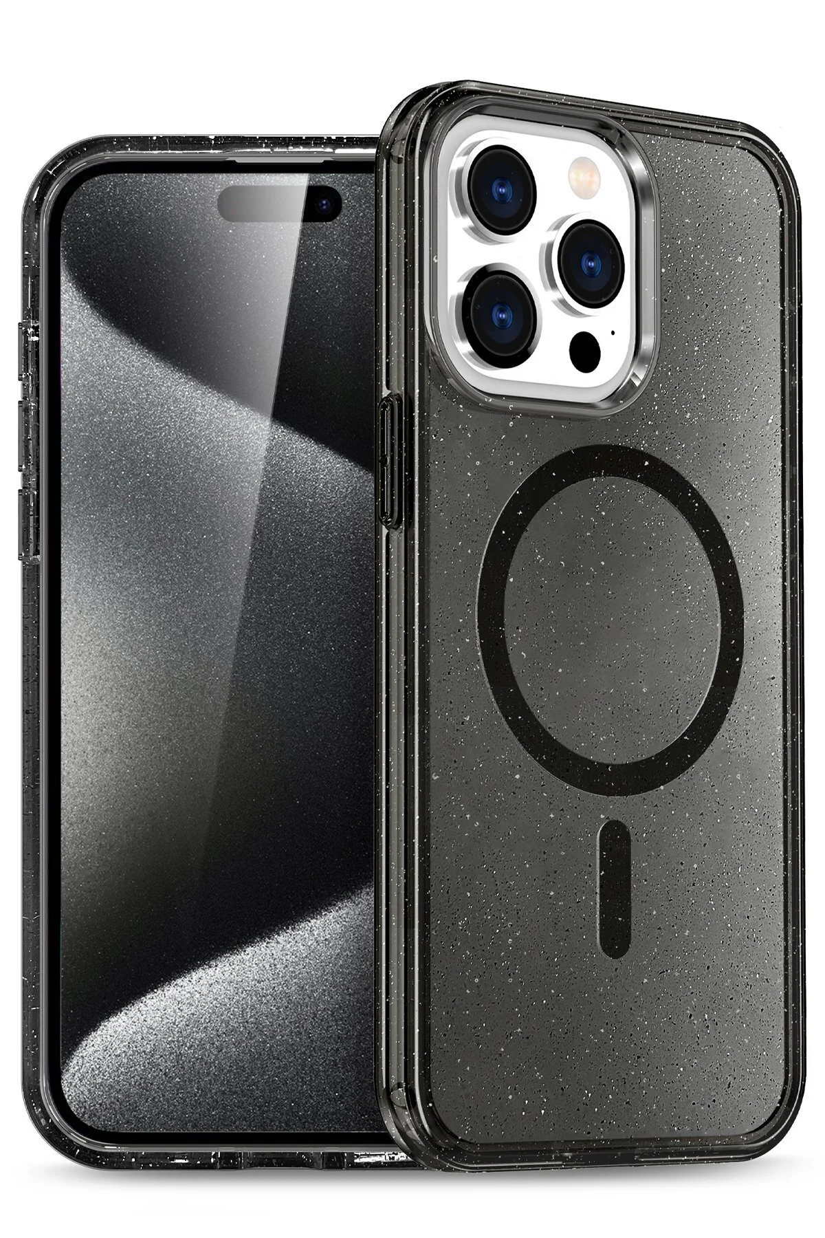 iPhone 14 Pro Uyumlu Renkli MagneticSafe Parlayan Simli A+ Kalite Silikon Kapak - Siyah