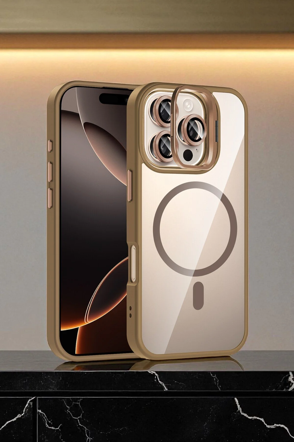 Apple iPhone 16 Pro Kılıf Standlı ve Kamera Lens Hediyeli M-Safe Şarj Özellikli Sararmaz Kılıf