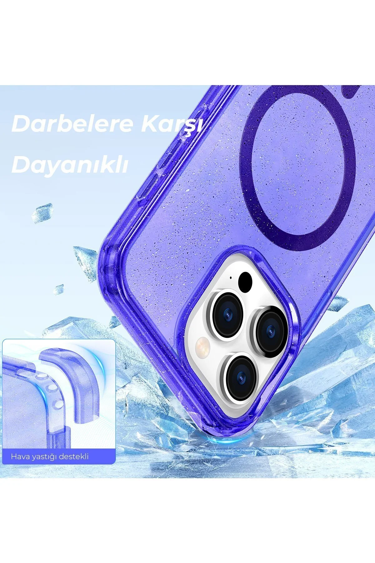 iPhone 15 Pro Max Uyumlu Renkli MagneticSafe Parlayan Simli A+ Kalite Silikon Kapak - Şeffaf