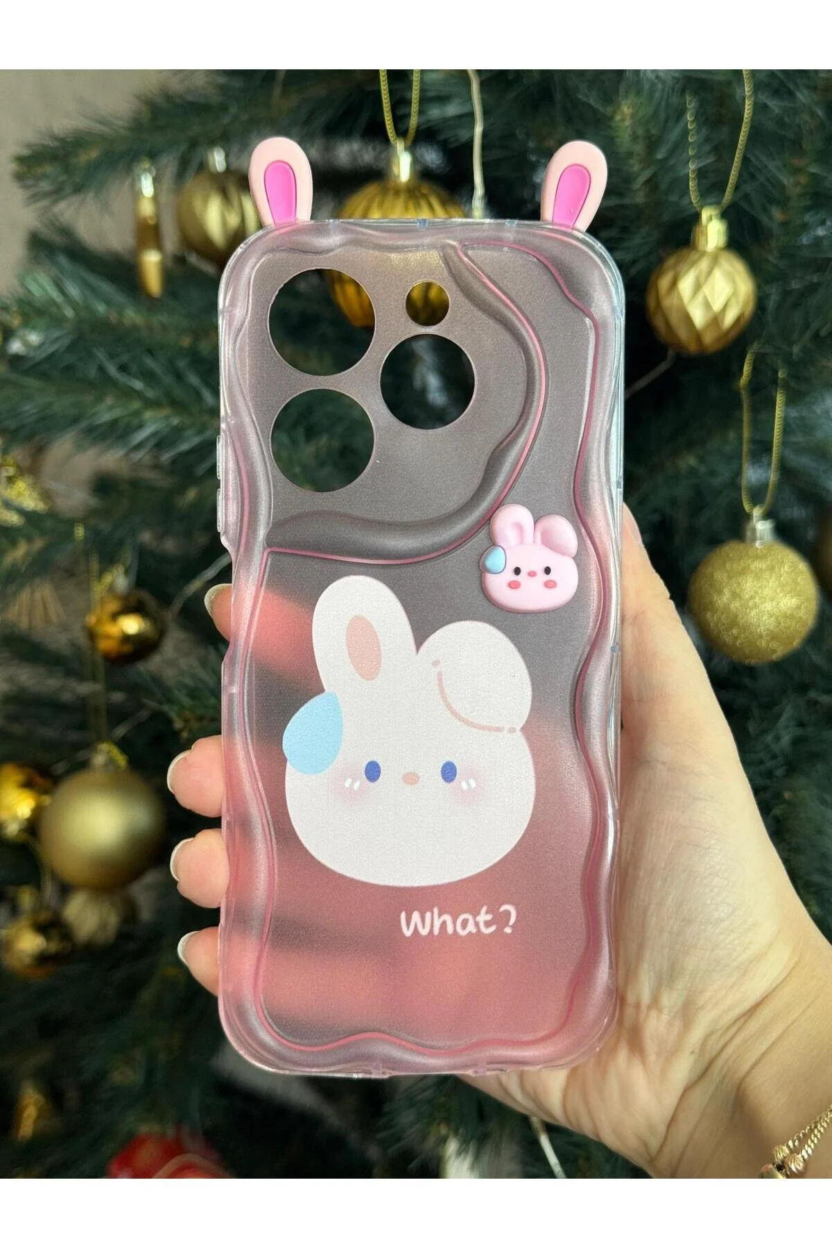 Tecno Spark 20 Pro İçin Uyumlu 3D Tavşan Kulaklı Tasarımlı Dalgalı Kenar Şeffaf Pembe Kılıf