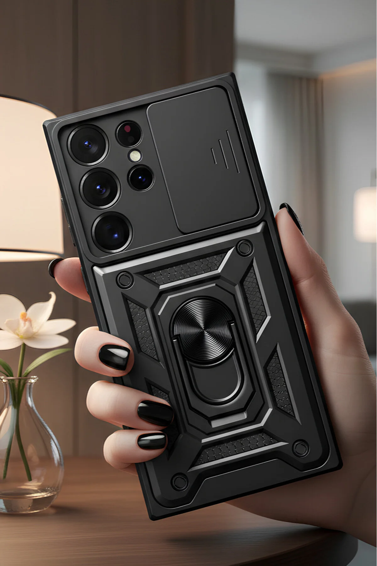 Samsung Galaxy S23 Ultra Kılıf Sürgülü Kamera Korumalı Yüzüklü Magnetic Tpu Tank Kapak