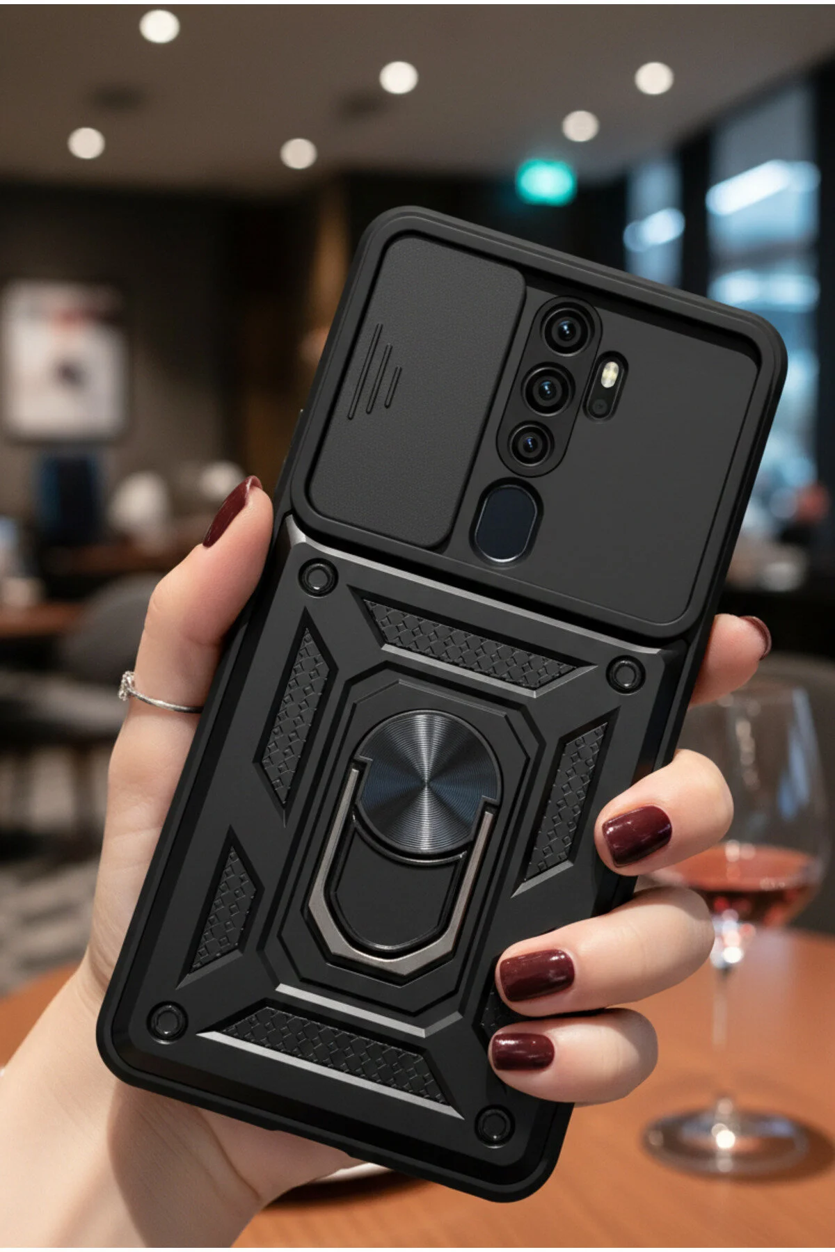Oppo A5 2020 Kılıf Magnetik Standlı Sürgülü Kamera Korumalı TPU Tank Kapak