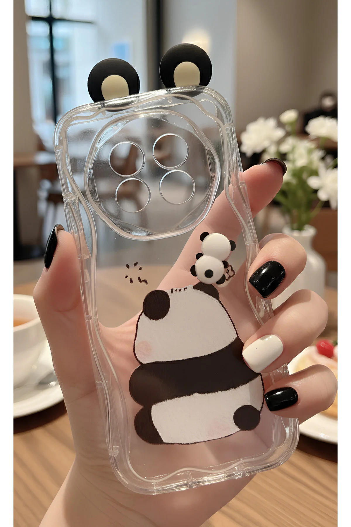 Realme 13 Pro İçin Uyumlu 3D Kulaklı Sevimli Panda Figürlü Şeffaf Telefon Kılıfı