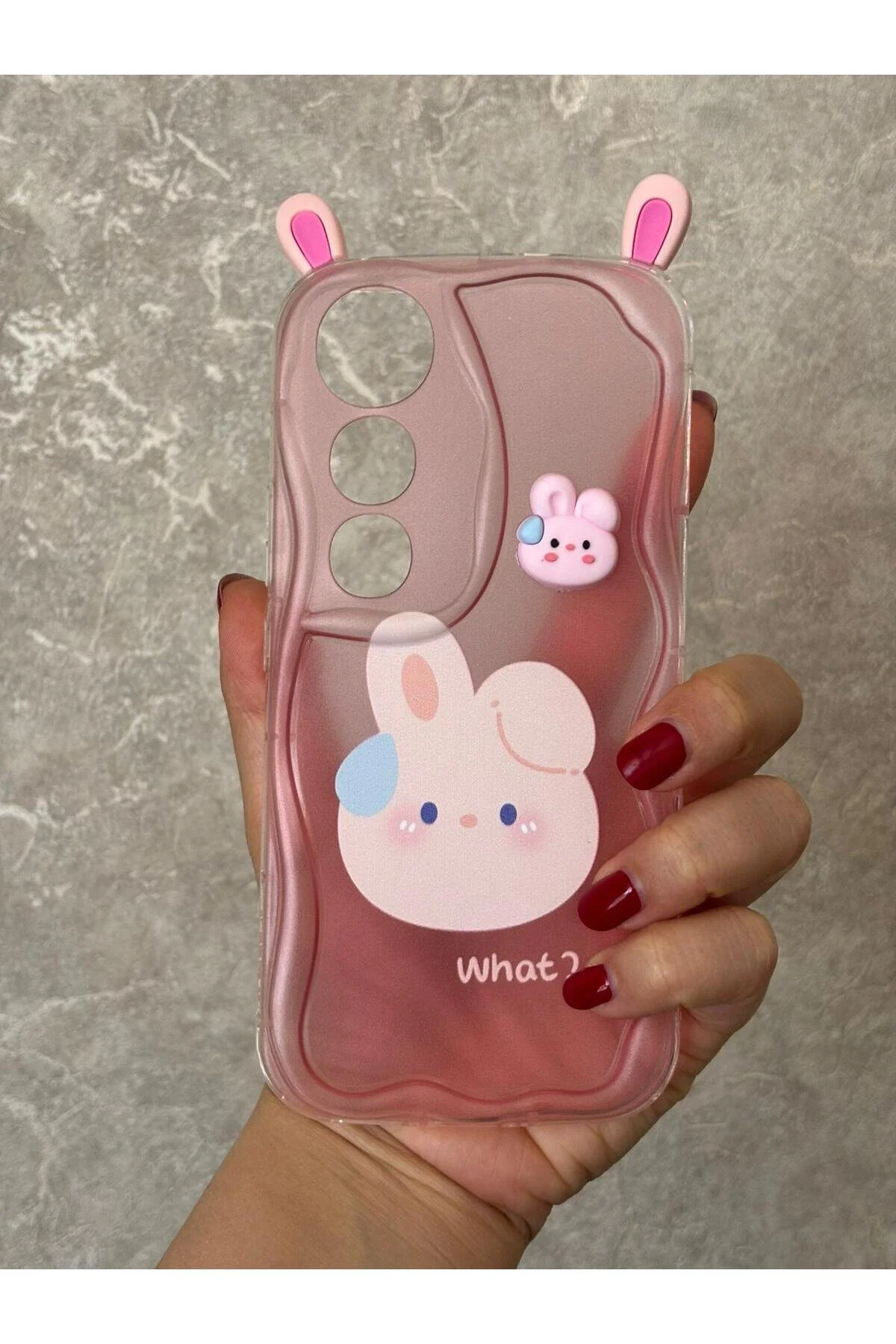 Vivo V50 Lite İçin Uyumlu 3D Tavşan Kulaklı Tasarımlı Dalgalı Kenar Şeffaf Pembe Kılıf