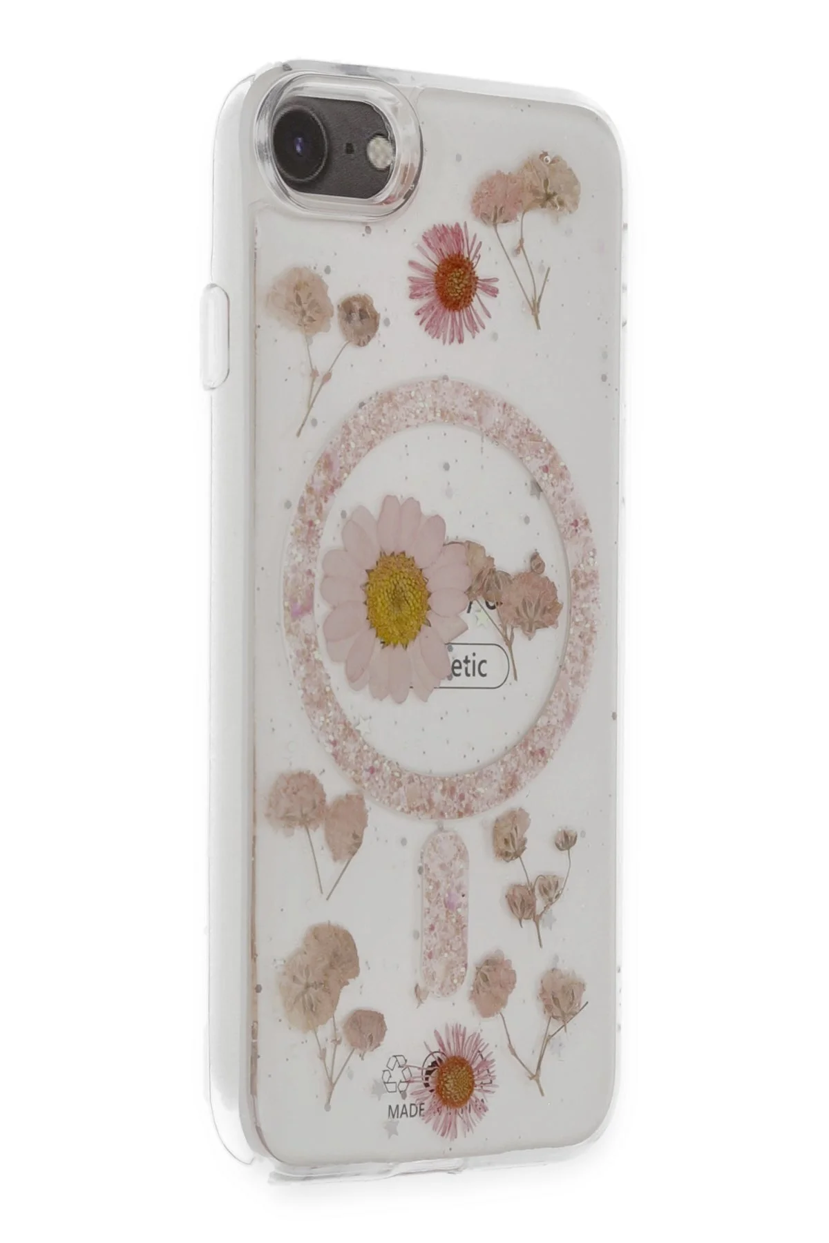 iPhone 7 Uyumlu Simli Çiçekli Eşsiz Tasarım A+ Kalite Silikon Kapak - Pembe