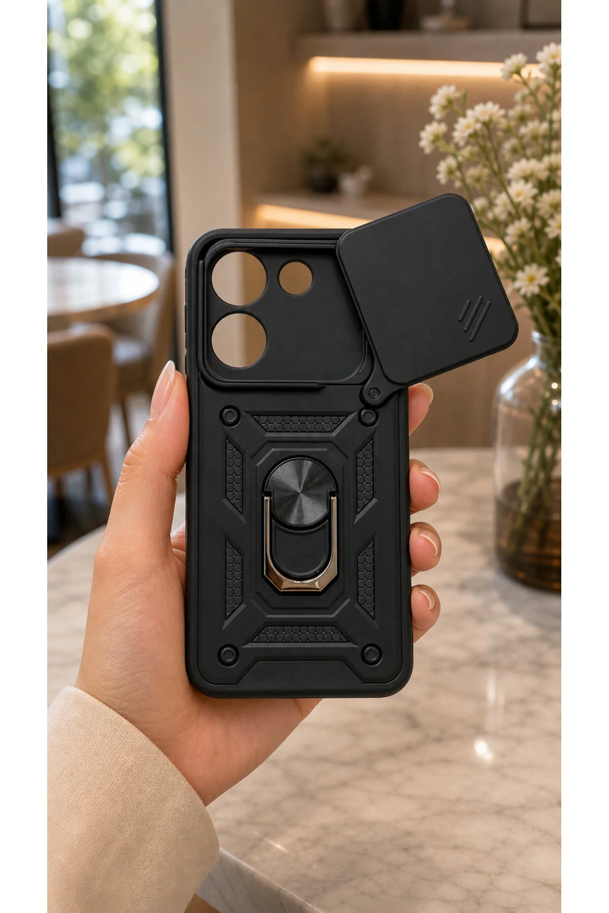 Poco X8 Pro İçin Uyumlu Sürgülü Korumalı Yüzüklü Standlı Magnetic Tpu Tank Kapak
