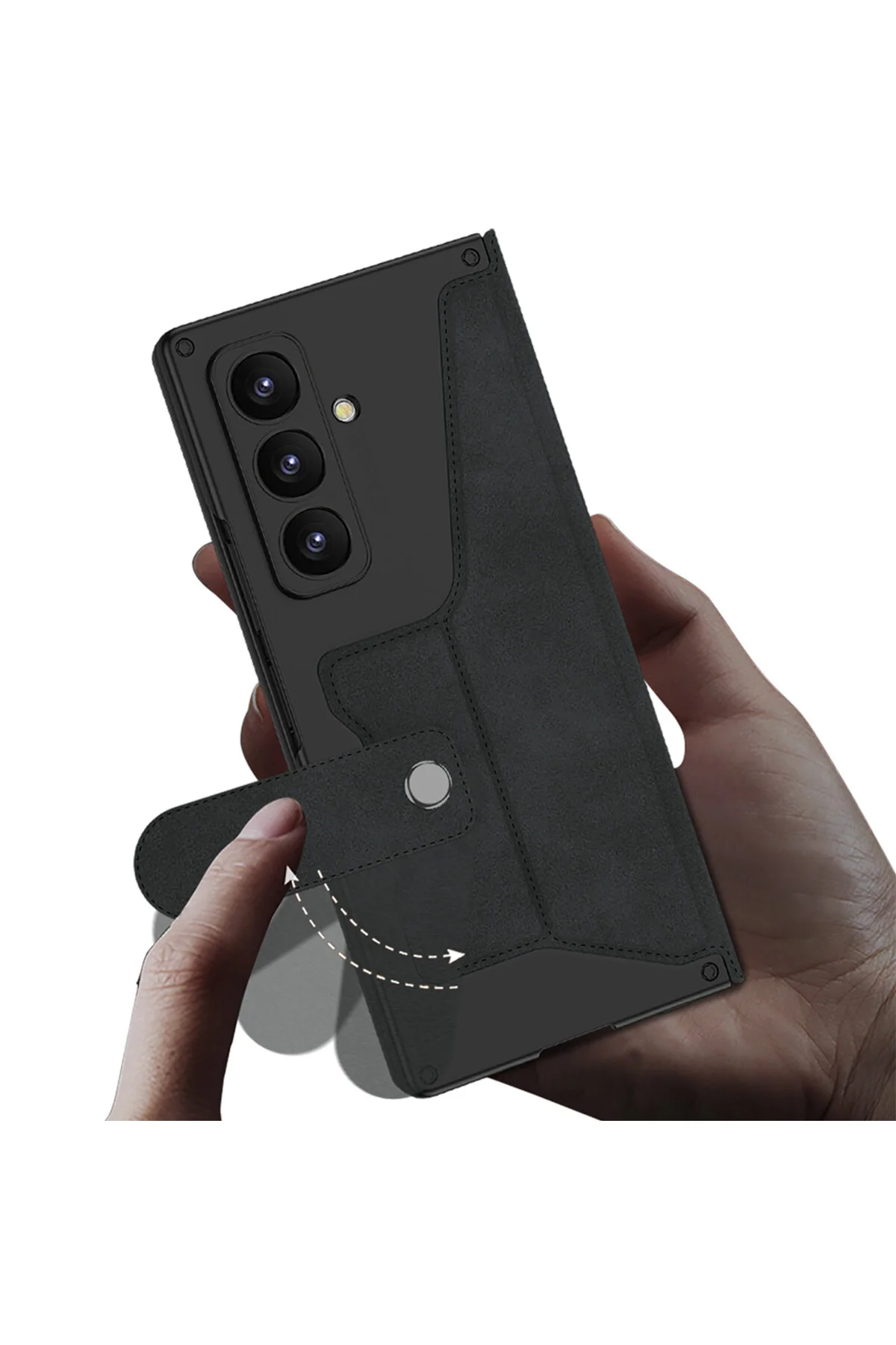 Samsung Galaxy Z Fold 7 Kılıf Kamera Korumalı Kadife Stand Özellikli Kopçalı Kalem Bölmeli Kapak