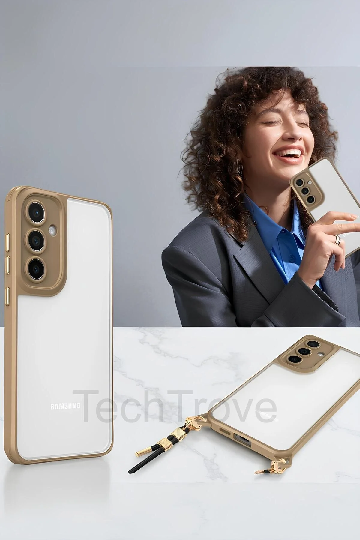Samsung Galaxy A32 Kılıf Kamera Korumalı Şeffaf Arka Yüzeyli Askı Aparatlı Kapak