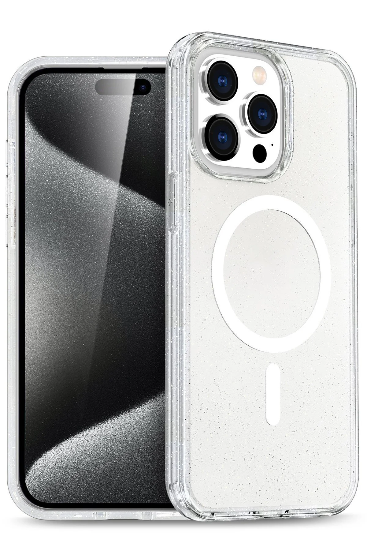 iPhone 15 Pro Max Uyumlu Renkli MagneticSafe Parlayan Simli A+ Kalite Silikon Kapak - Şeffaf