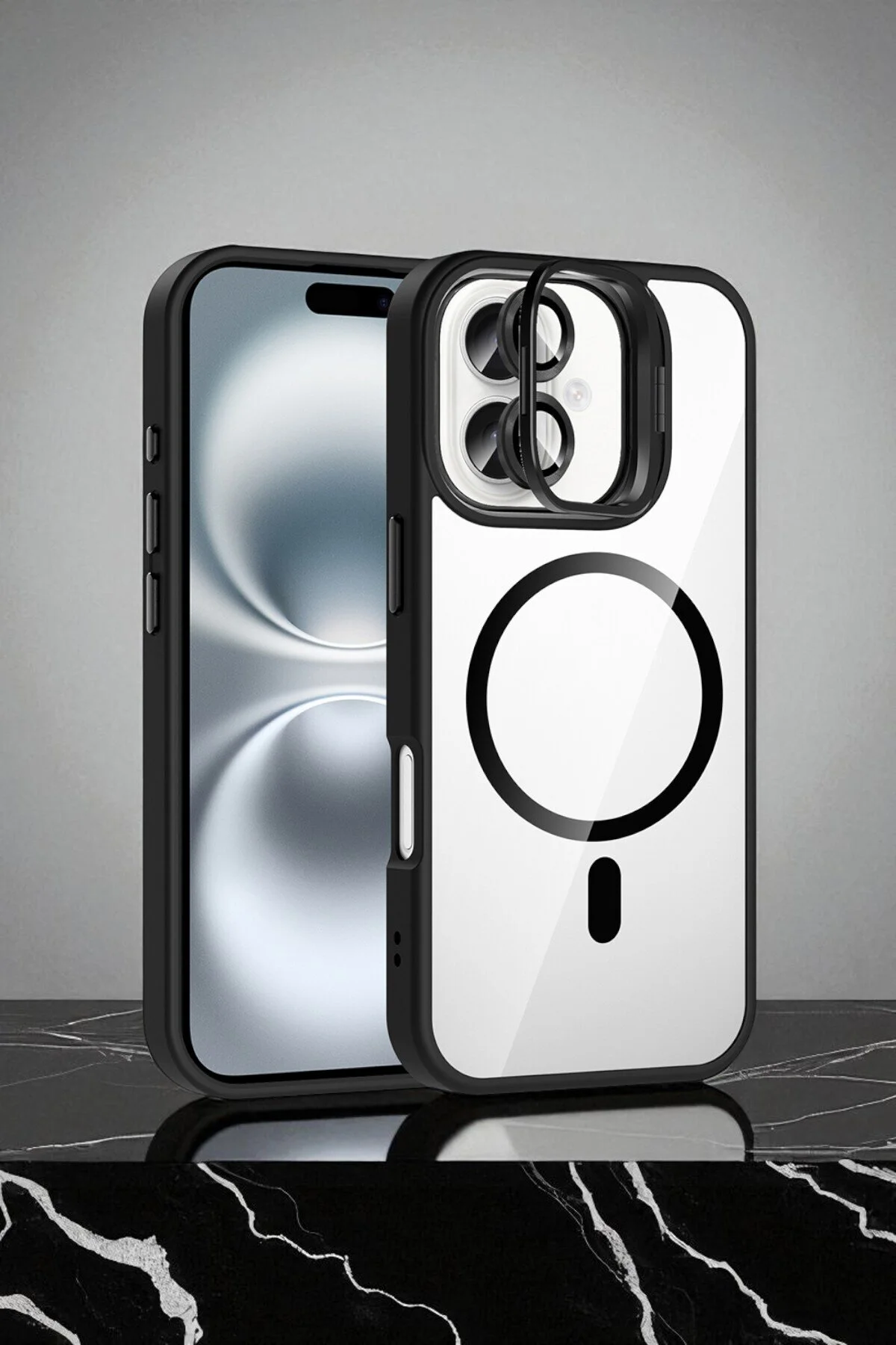 Apple iPhone 16 Plus Kılıf Standlı ve Kamera Lens Hediyeli M-Safe Şarj Özellikli Sararmaz Kılıf