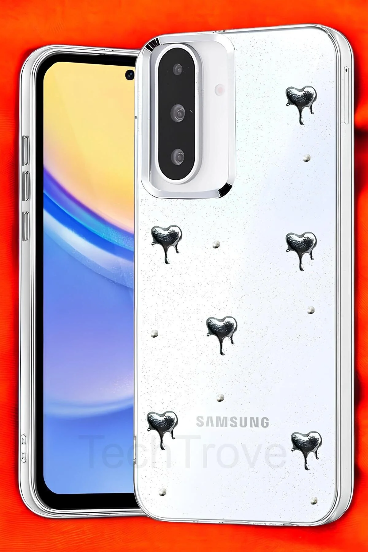 Samsung Galaxy A36 Kılıf Parlak Çıkartma Tasarımlı Simli Şeffaf Sararmaz Silikon Kapak