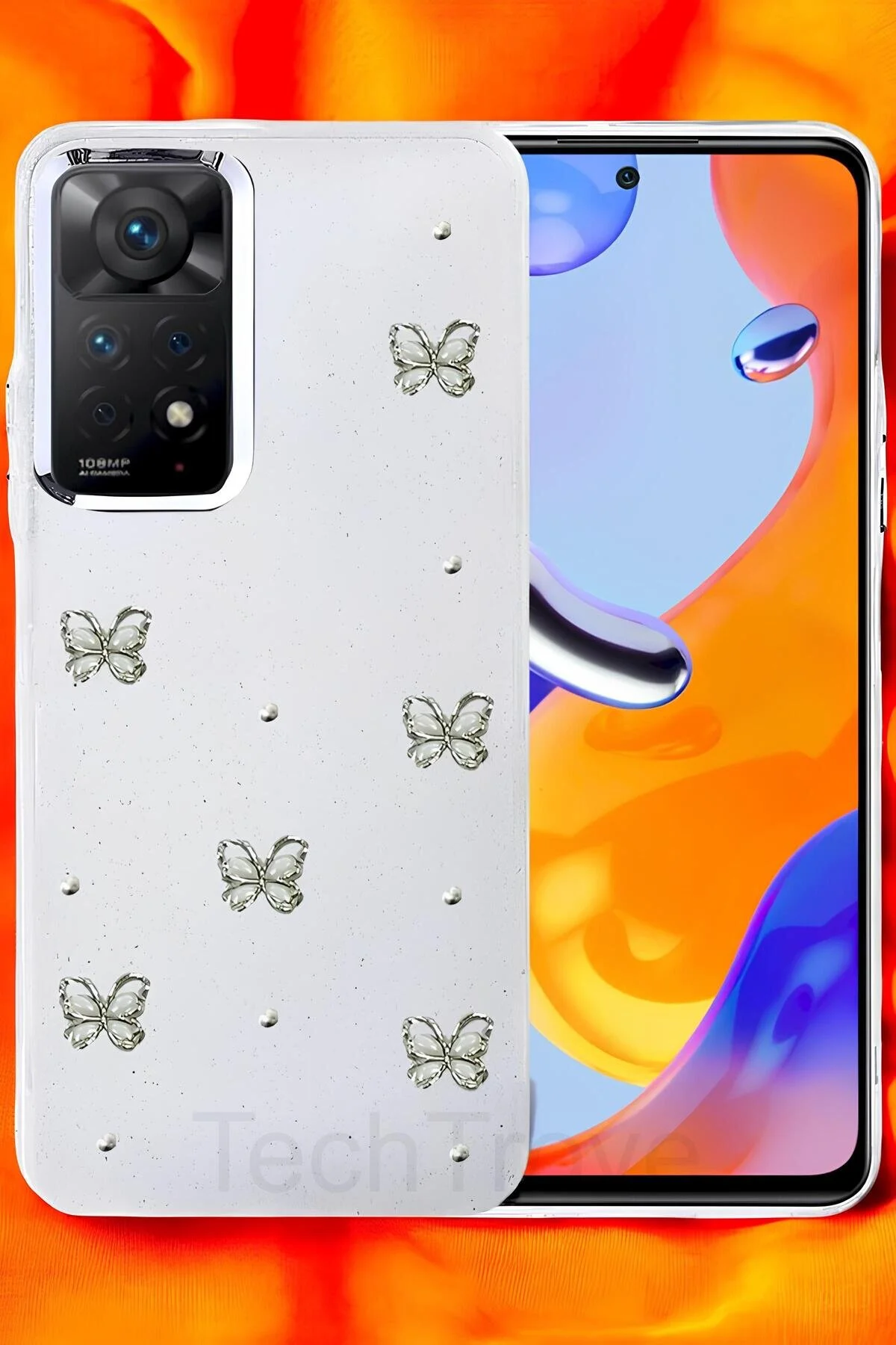 Xiaomi Redmi Note 11 Pro Kılıf Parlak Çıkartma Tasarımlı Simli Şeffaf Sararmaz Silikon Kapak